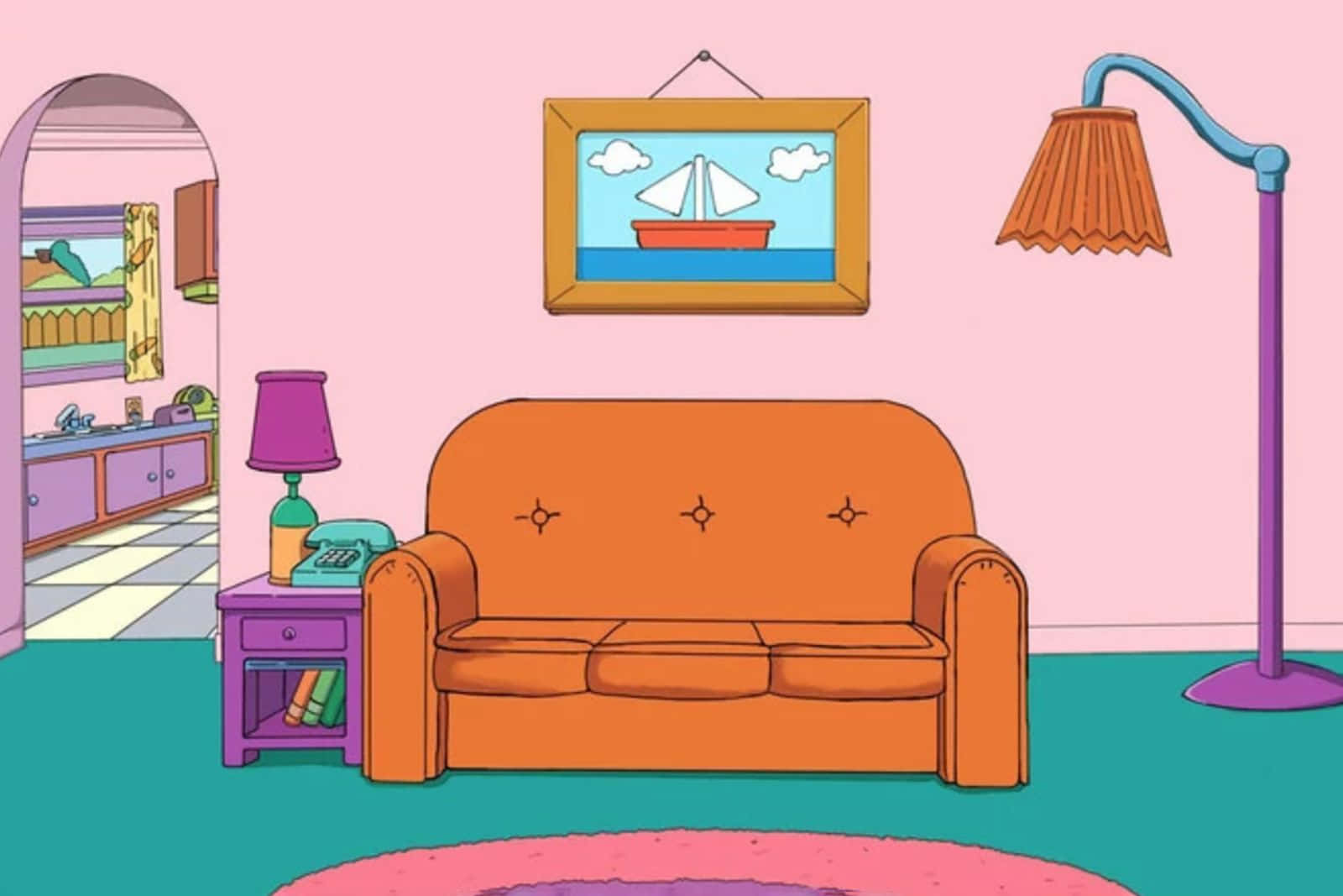 A Cartoon Room With A Couch And A Lamp
