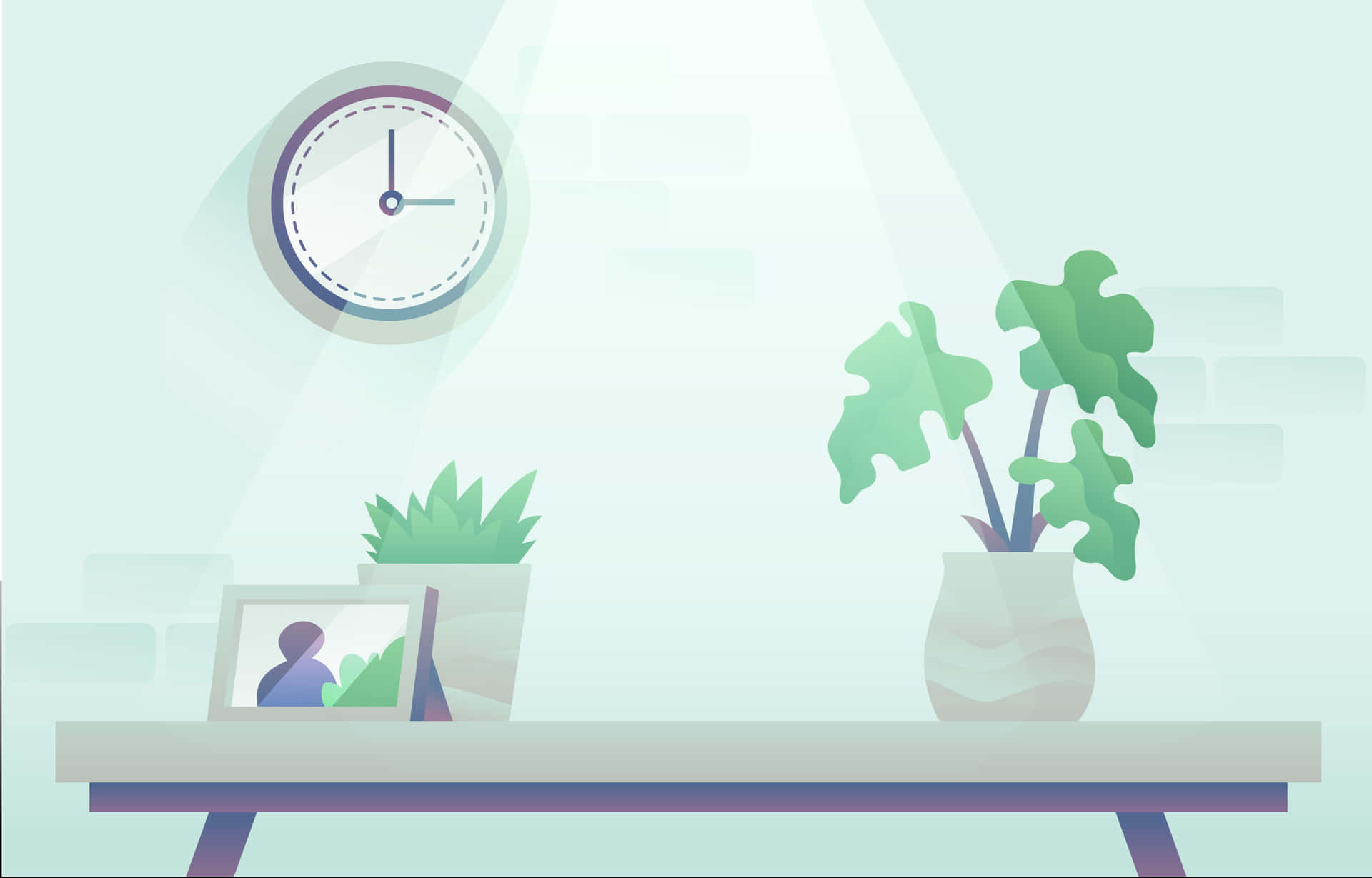 A Clock On A Table With A Plant On It