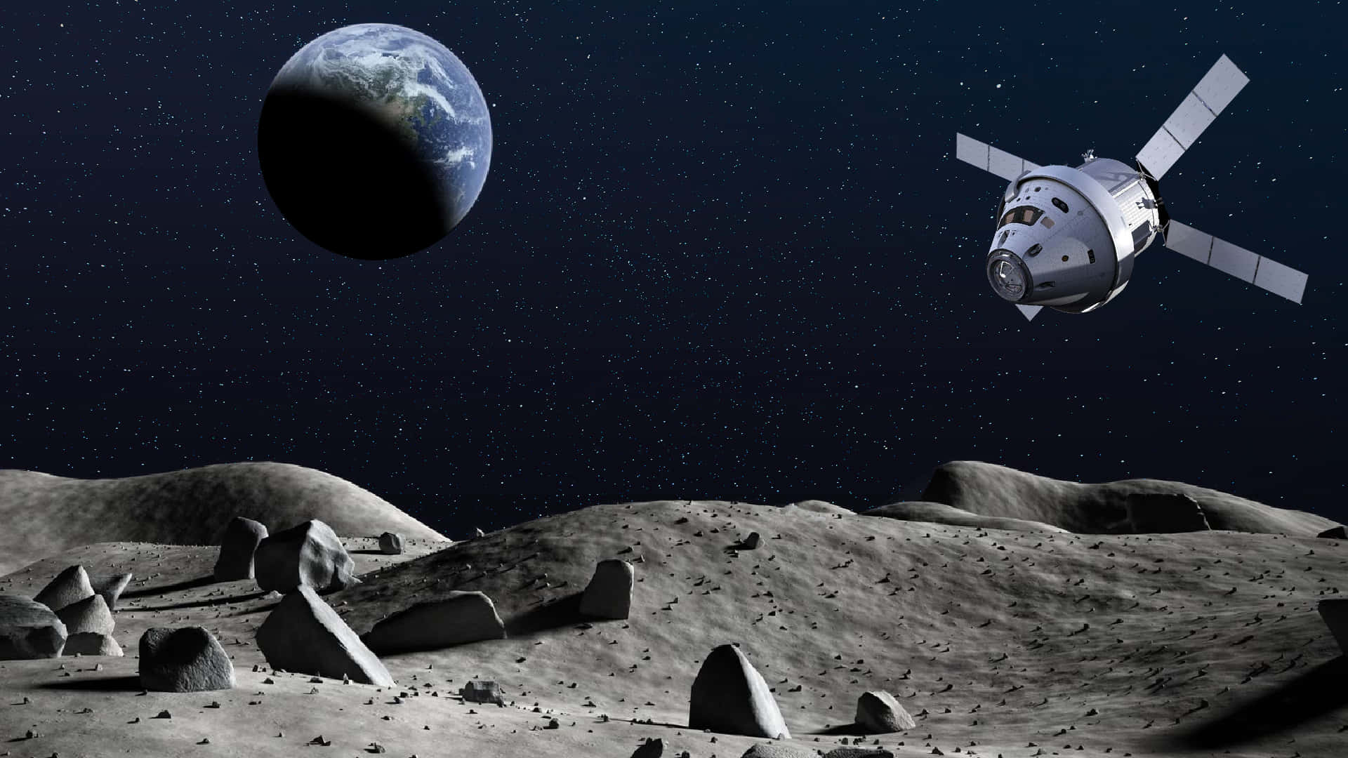 A Spacecraft Is Flying Over The Moon With Rocks In The Background