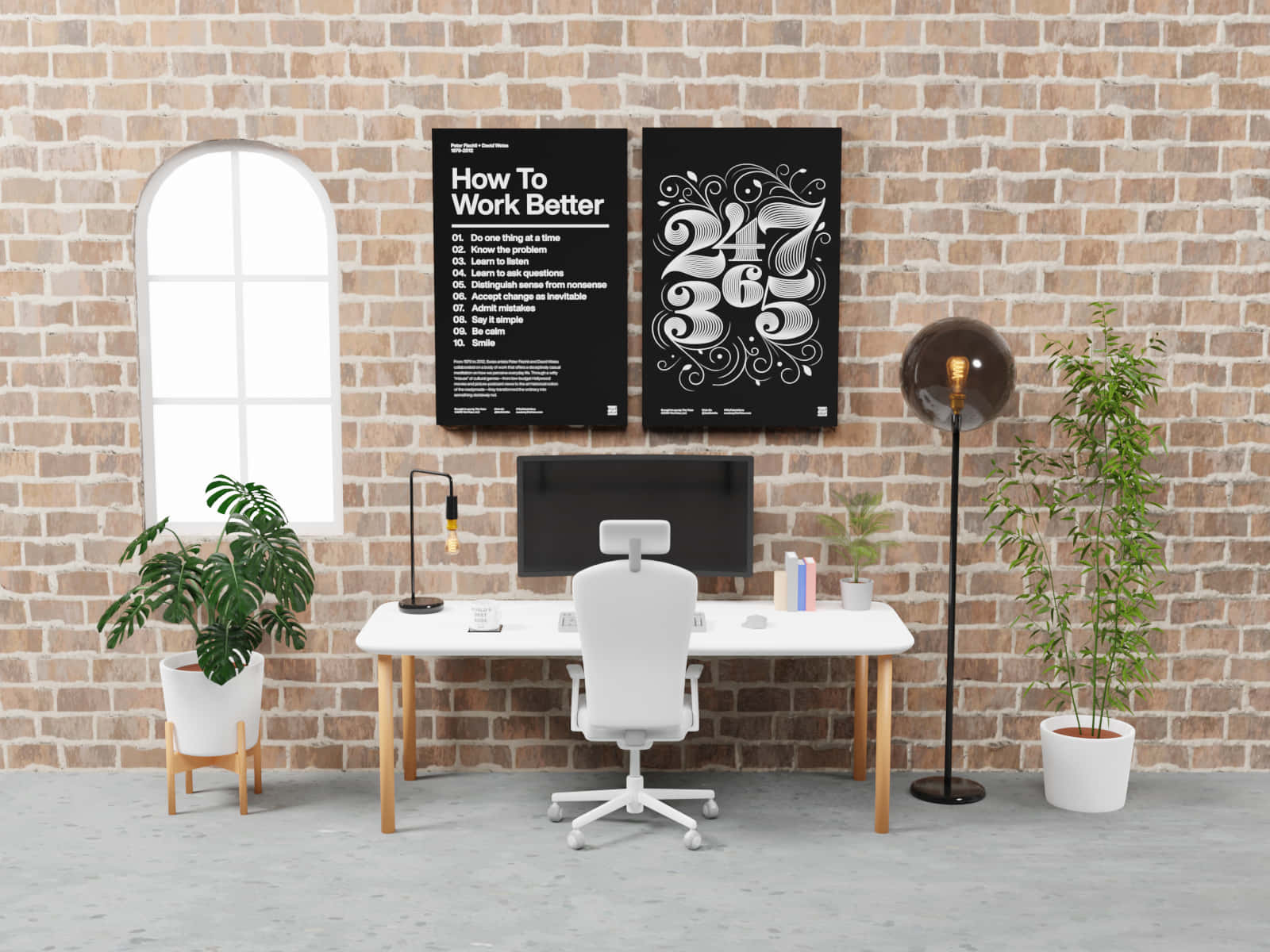 A Desk With A Black And White Poster On It