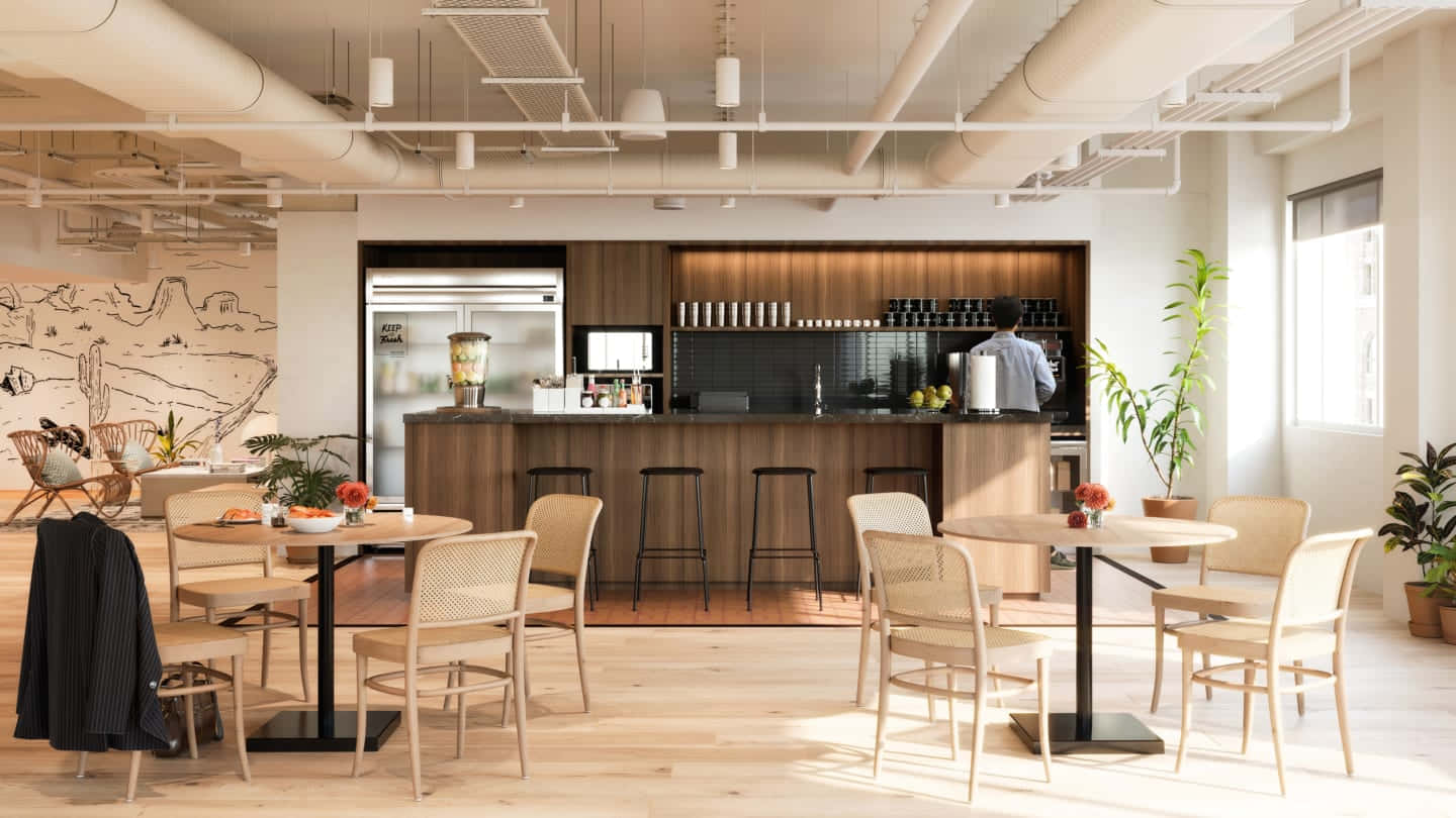 A Modern Office With A Bar And A Kitchen