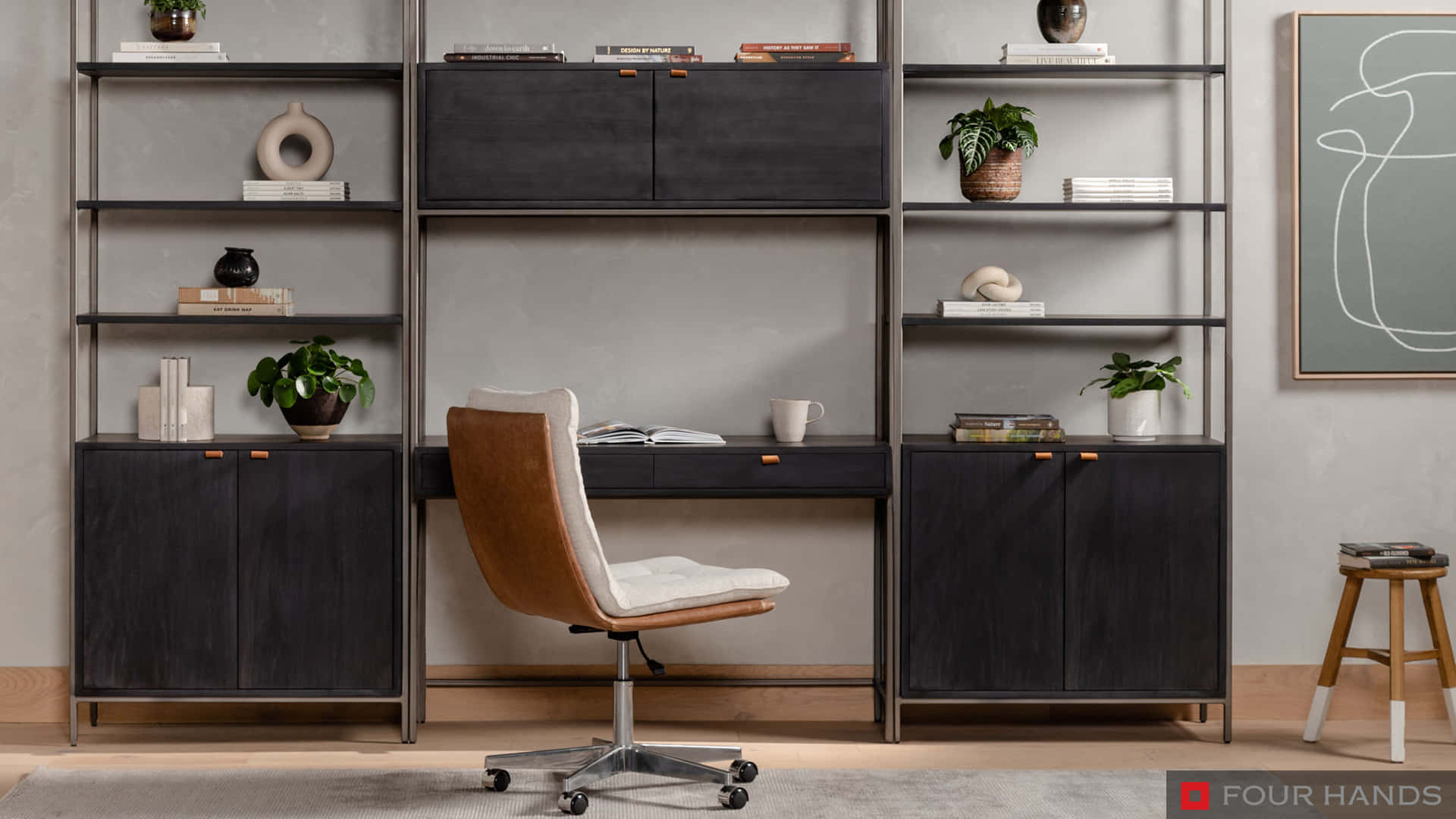 A Desk With A Chair And Shelves