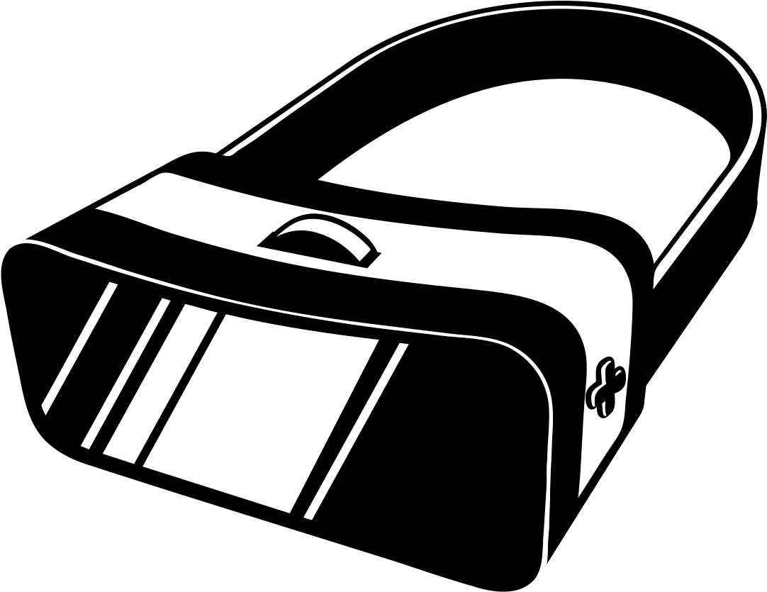 Illustration vectorielle en noir et blanc d'un casque de réalité virtuelle avec une sangle et une visière frontale.