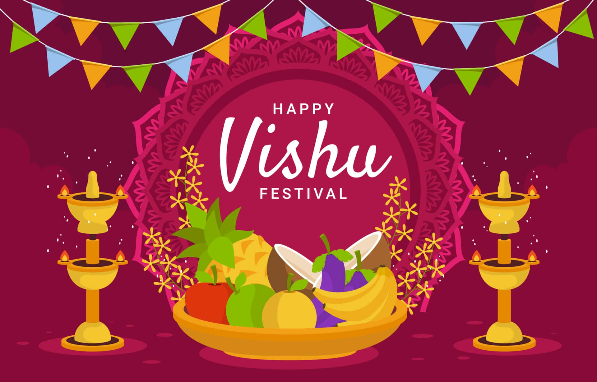 Happy Vishu Celebration with Vibrant Arrangement of Fruits, Flowers, and Gold Coins