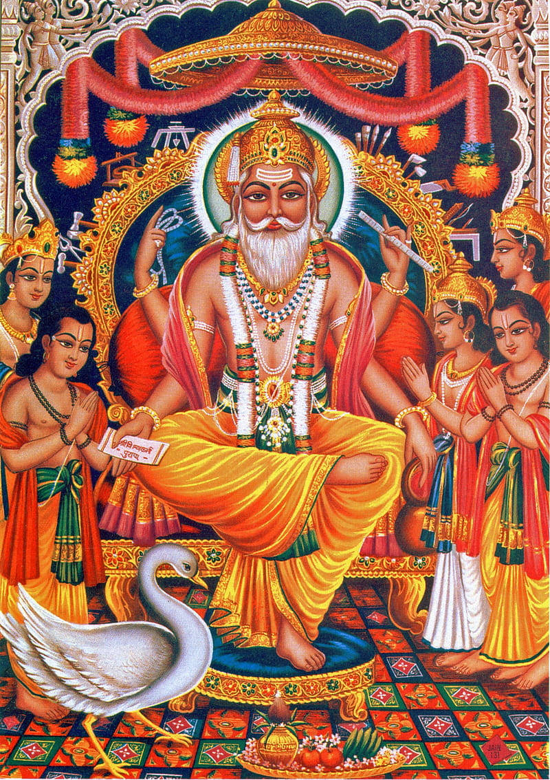 Vishwakarma Surrounded By Hindu Deities Wallpaper