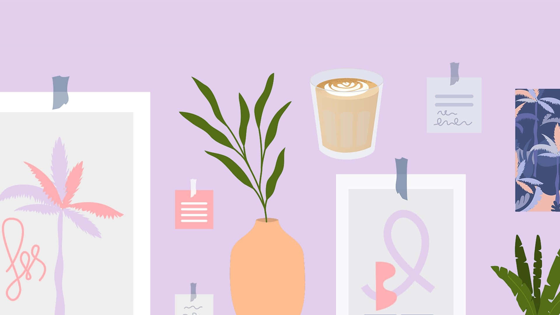 A Pink Background With A Plant And A Coffee Cup Wallpaper