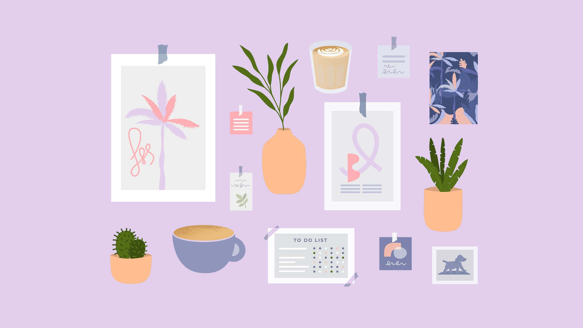 En lyserød baggrund med en plante, en ur og andre ting Wallpaper