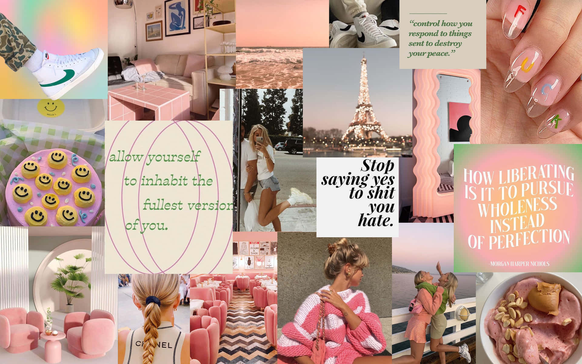 En collage af billeder af rosa og hvide genstande Wallpaper