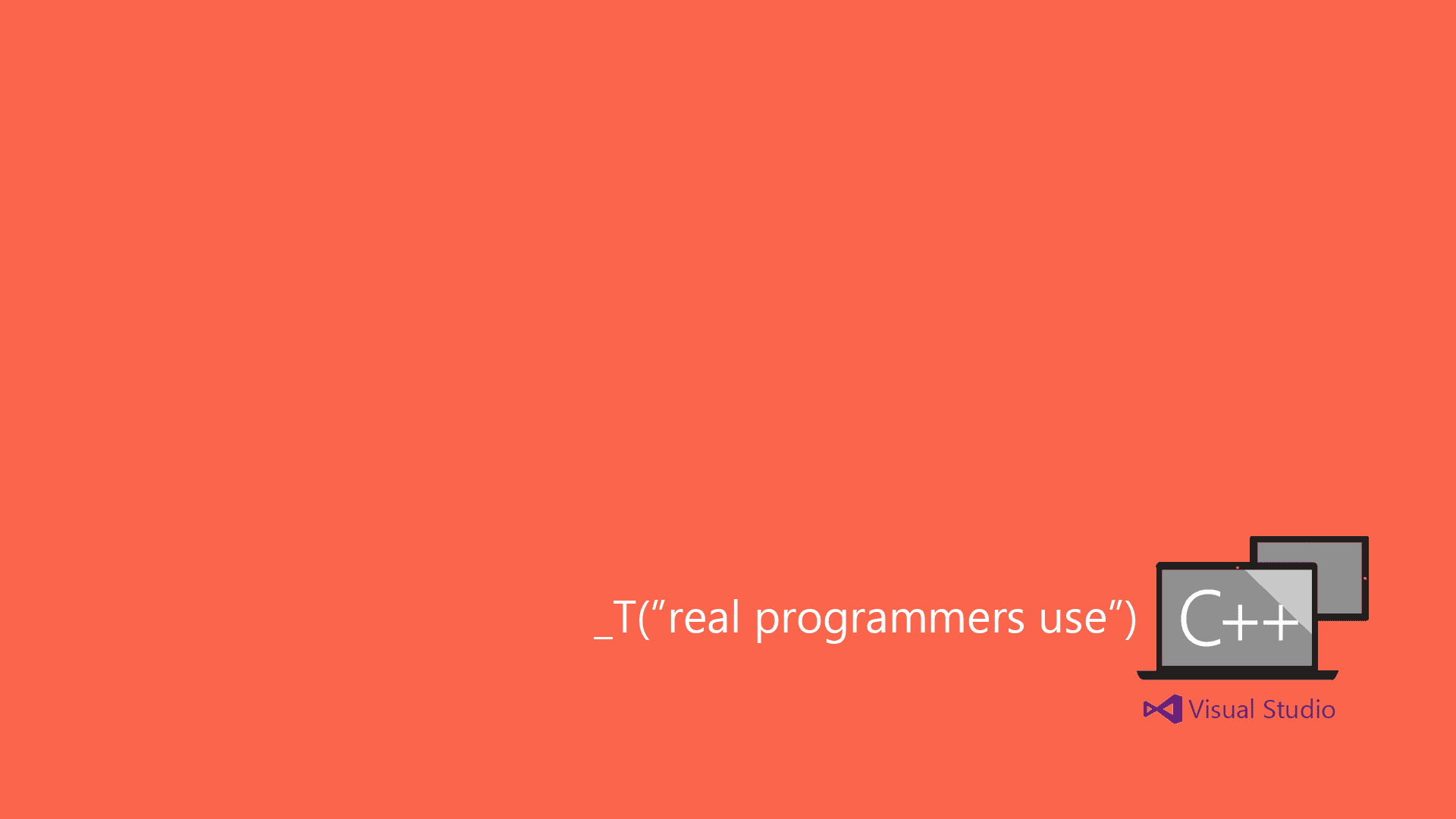 Visual Studio Code Development Environment PNG — A minimalist orange background features a laptop displaying C++ code with Visual Studio branding and a humorous text quote.