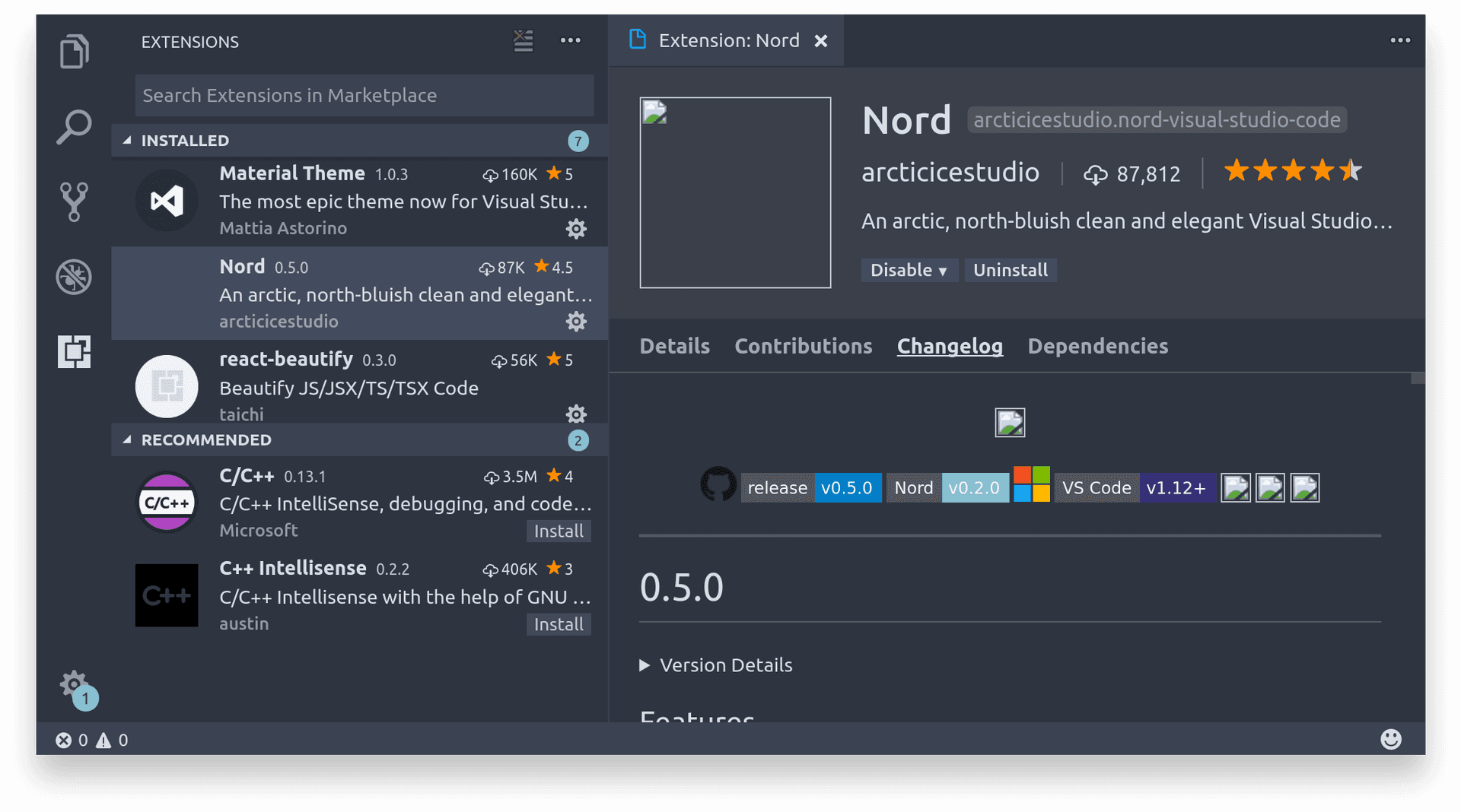 Visual Studio Code Nord Extension Screenshot PNG