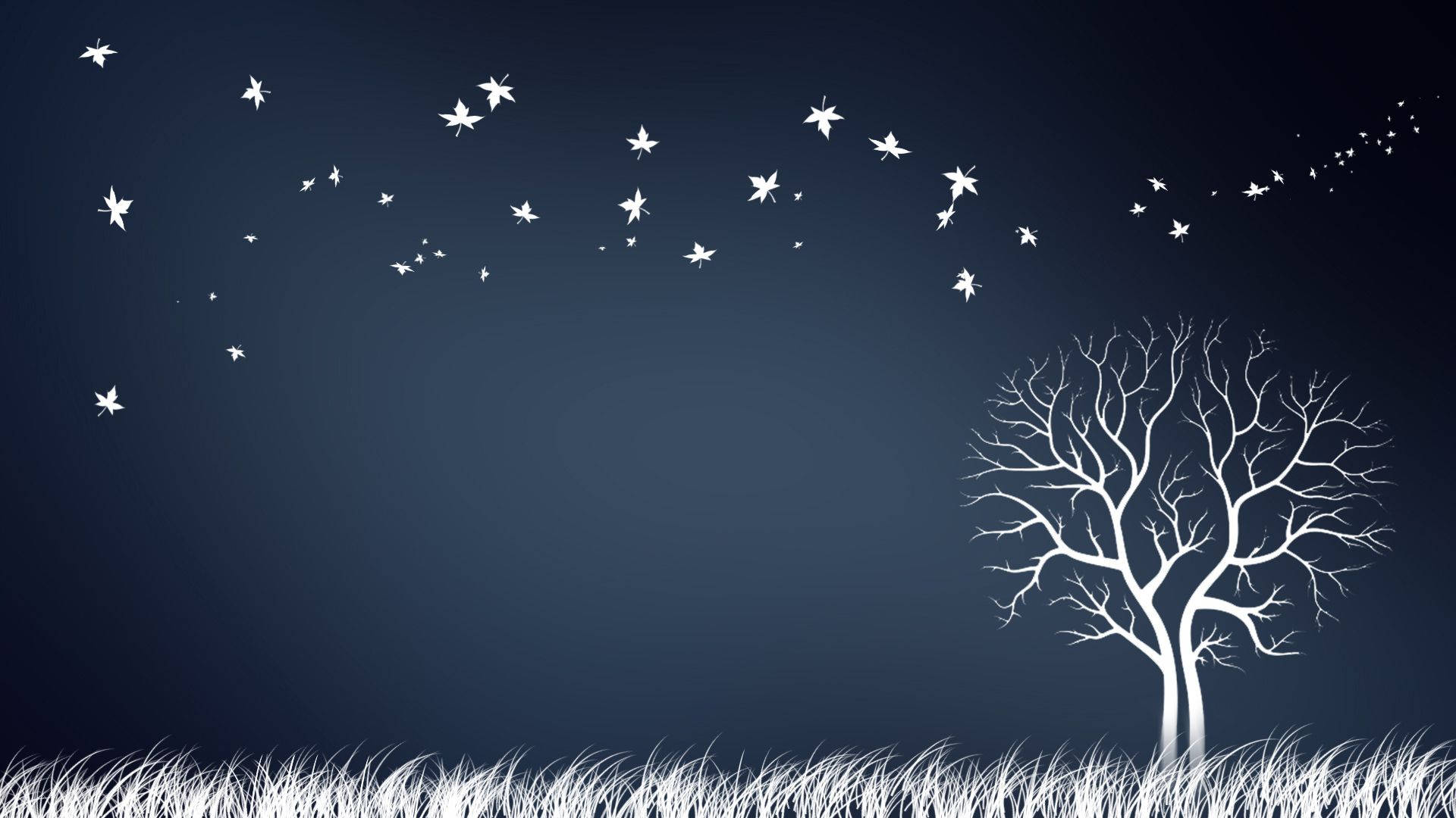 White Autumn DeviantArt Wallpaper — A stark white silhouette of a bare tree stands in a field of grass under a dark blue sky dotted with falling star-like leaves.