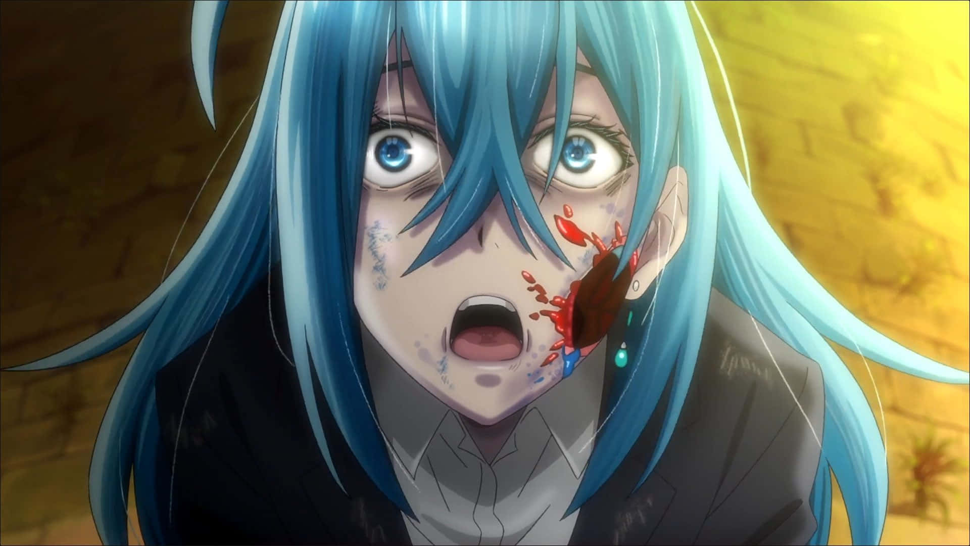 A Girl With Blue Hair And Blood On Her Face