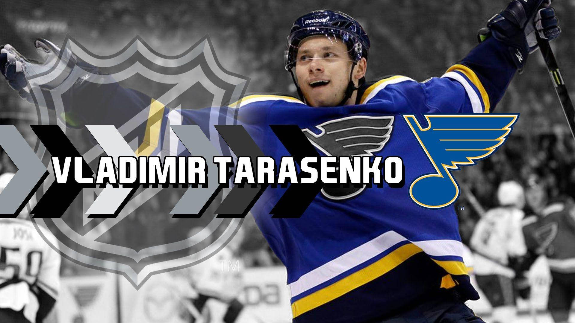 Vladimir Tarasenko smiler med arme i vejret og med NHL-logo og fuldt navn. Wallpaper