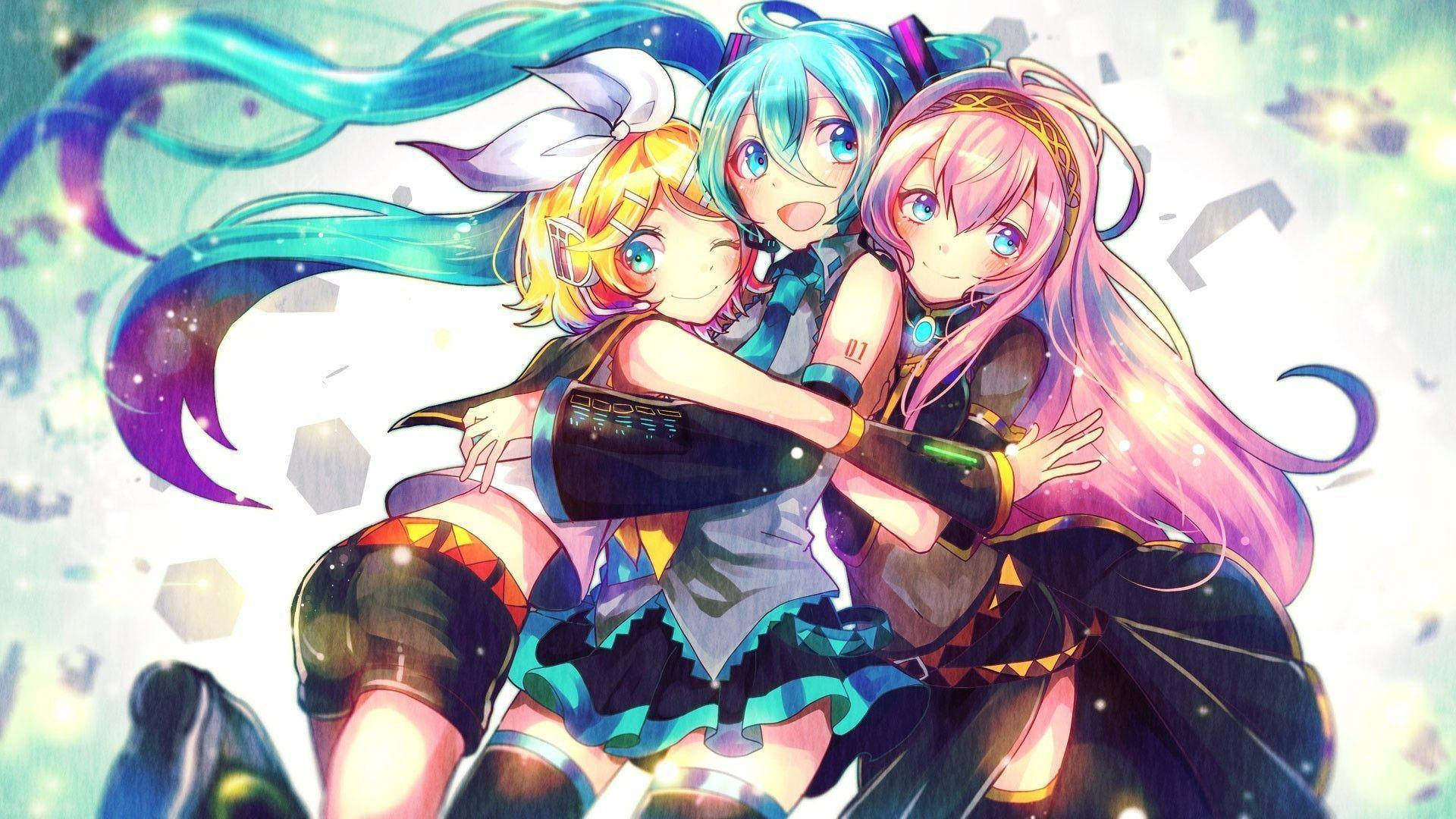 Three Anime Girls Hugging Each Other Wallpaper