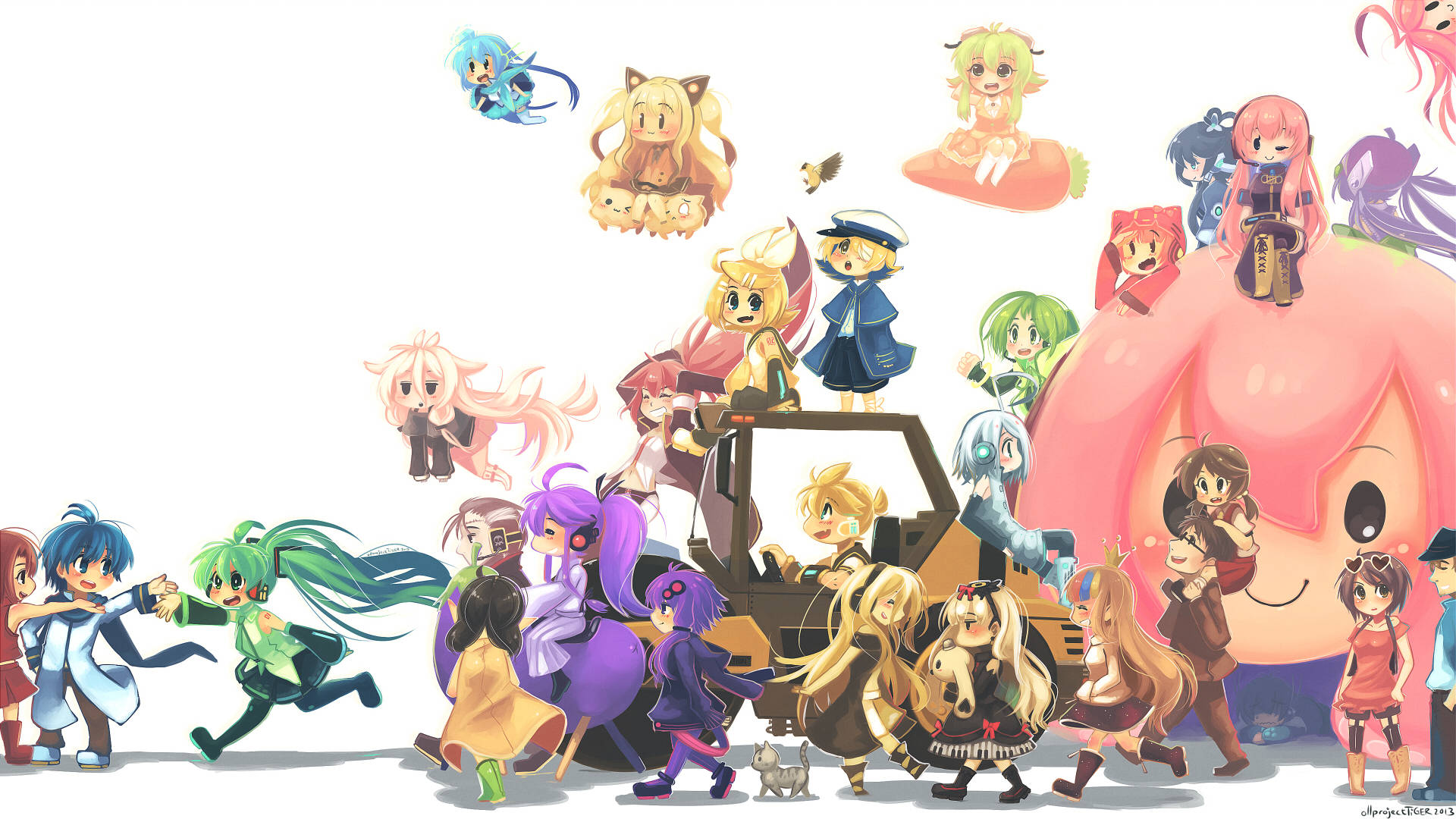 A colorful and cheerful scene featuring the beloved Vocaloid character Wallpaper