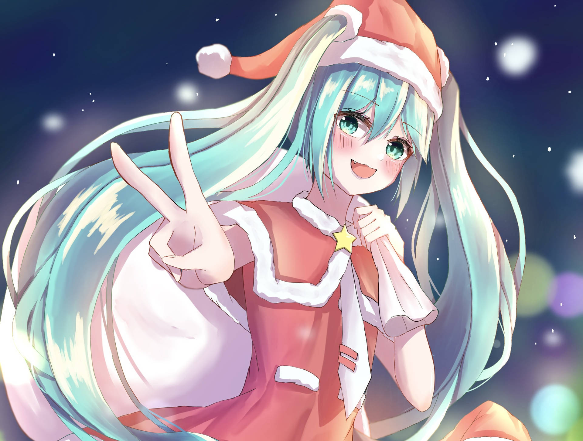 A Girl In A Santa Claus Outfit Is Holding A Peace Sign Wallpaper