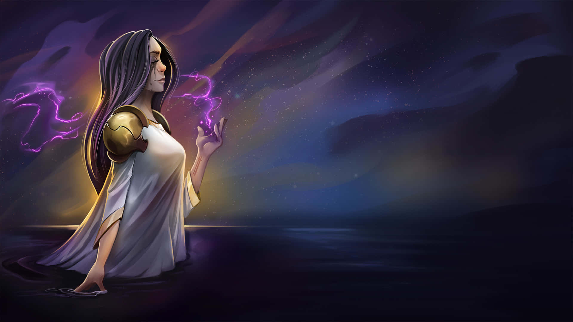A Woman In A White Dress With A Lightning Bolt In Her Hand Wallpaper