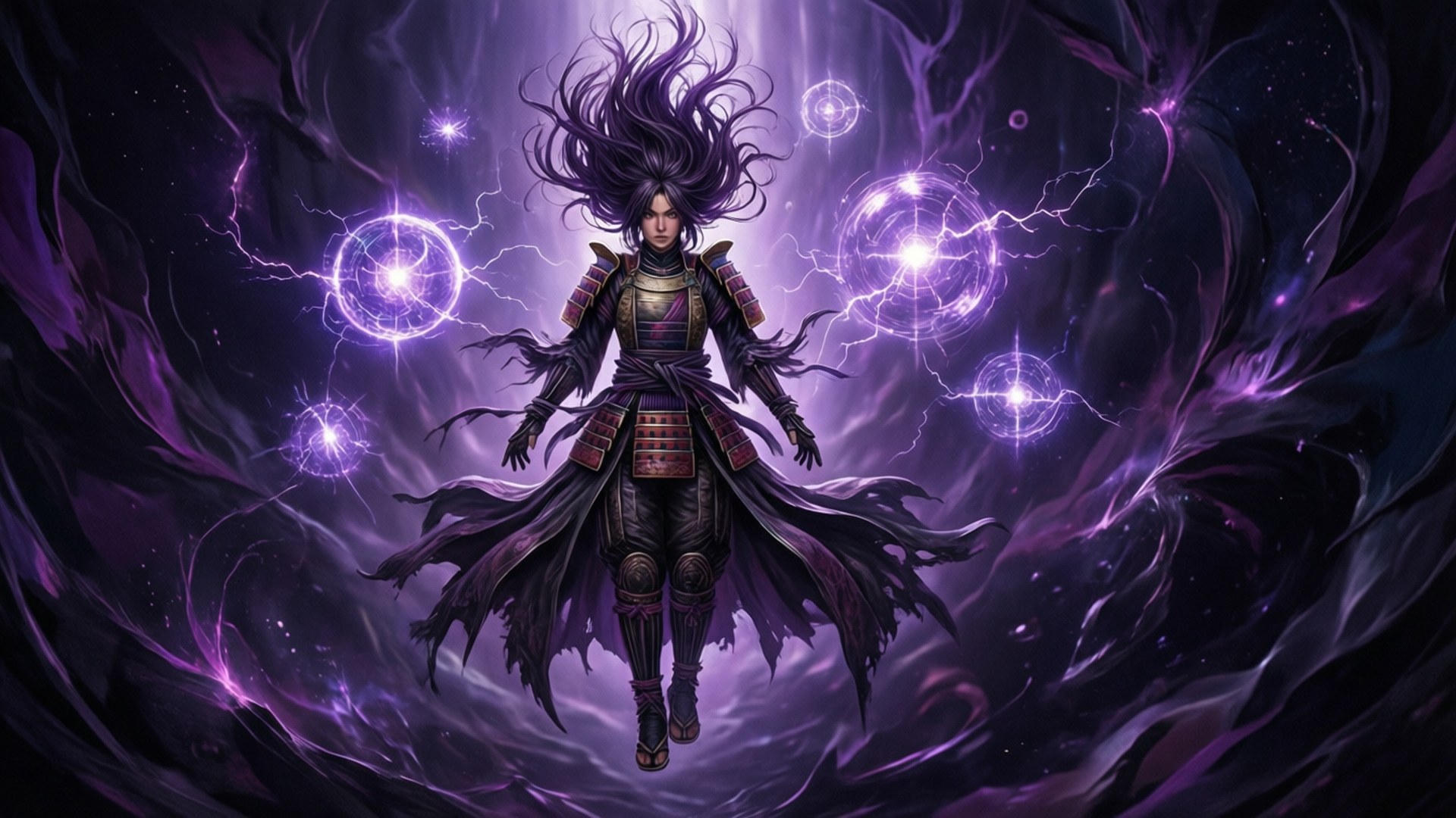 Raiden Shogun floating in a mystical void with electro orbs.