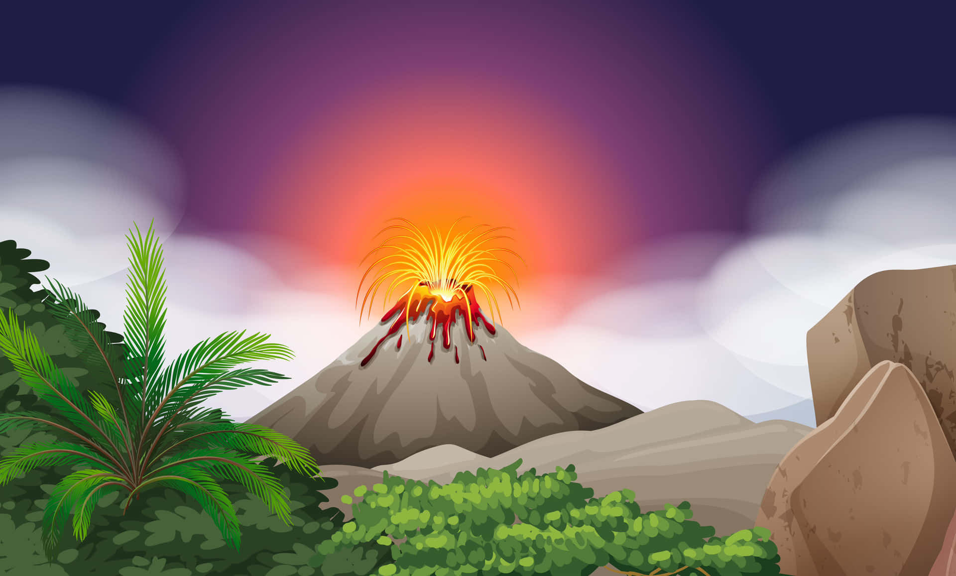 “An Erupting Volcano Offers a Blazing Spectacle at Nightfall.”