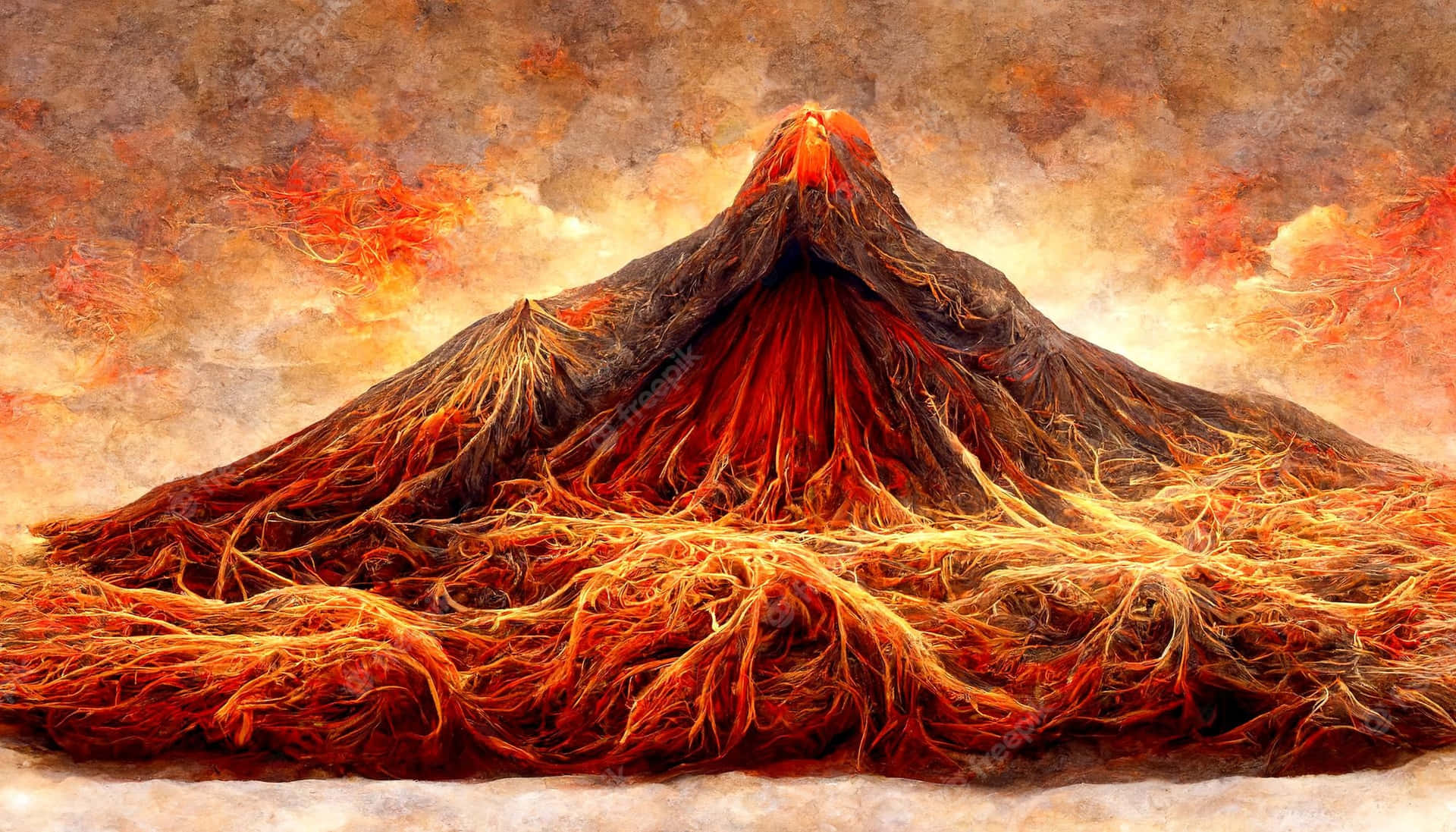 Enkraftfuld Rød Og Orange Himmel Belyst Af En Vulkans Udbrud.
