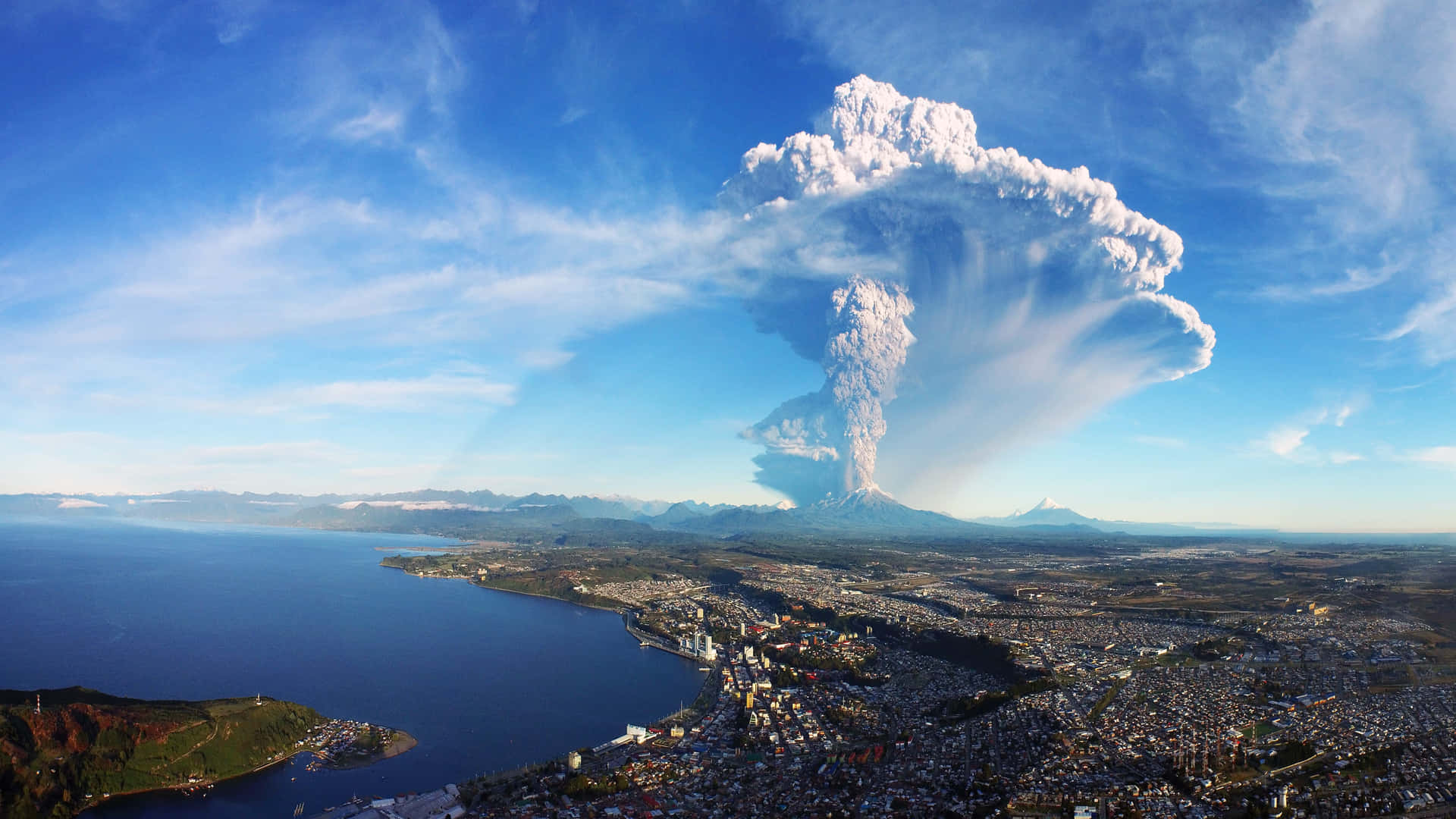 Aerial view of a powerful volcanic eruption