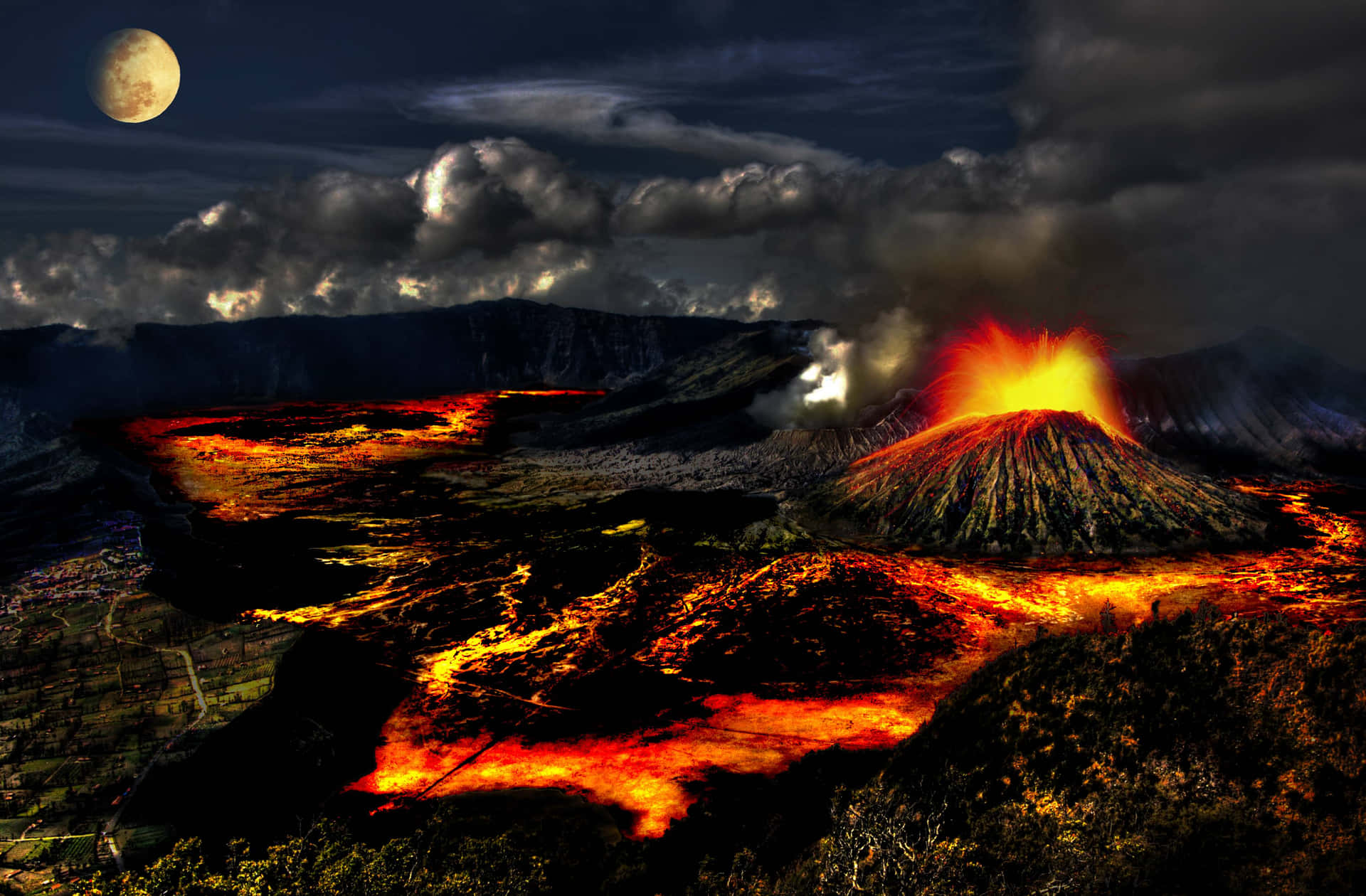 Volcano Lava Flowing On Land Wallpaper