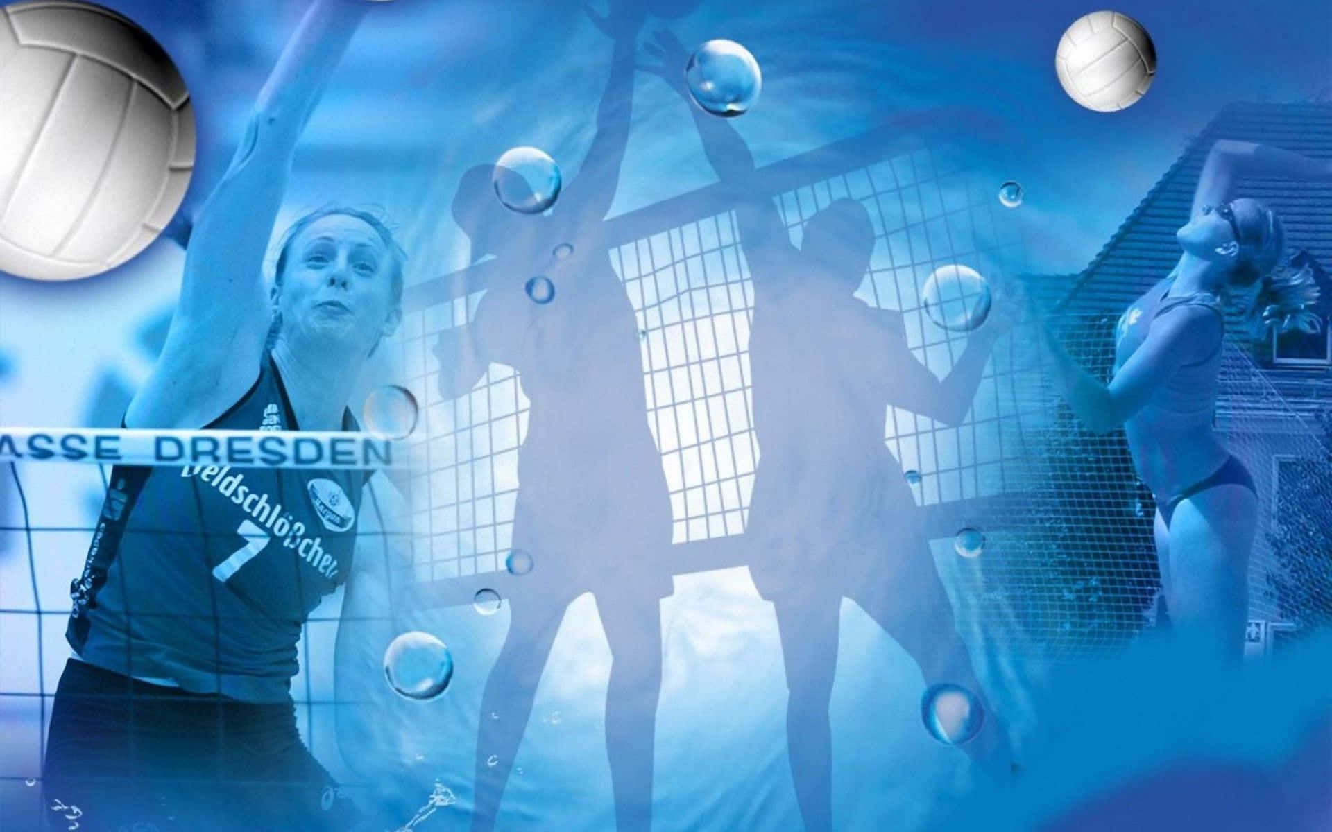 Einblauer Hintergrund Mit Einem Volleyballspieler Und Einem Ball.