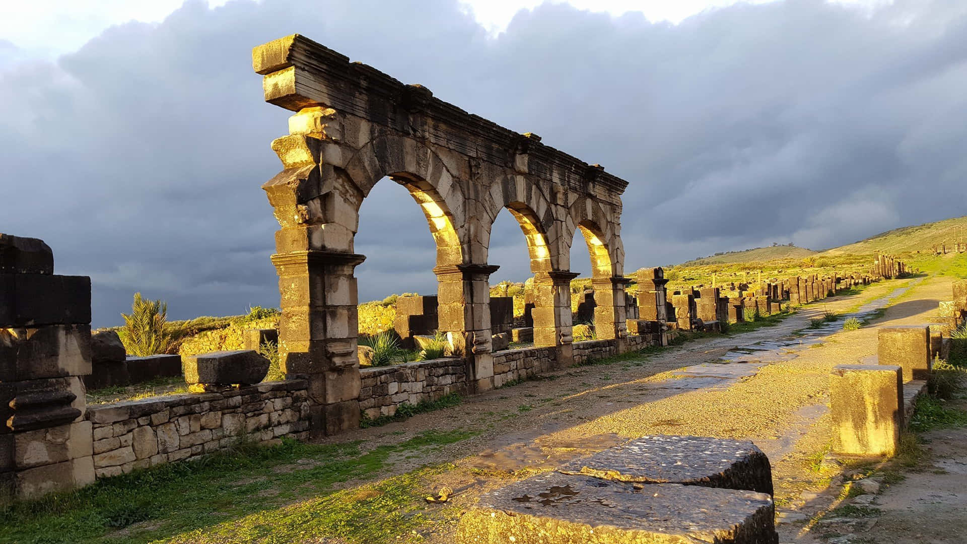 Volubilis Ruins Thick Clouds Wallpaper