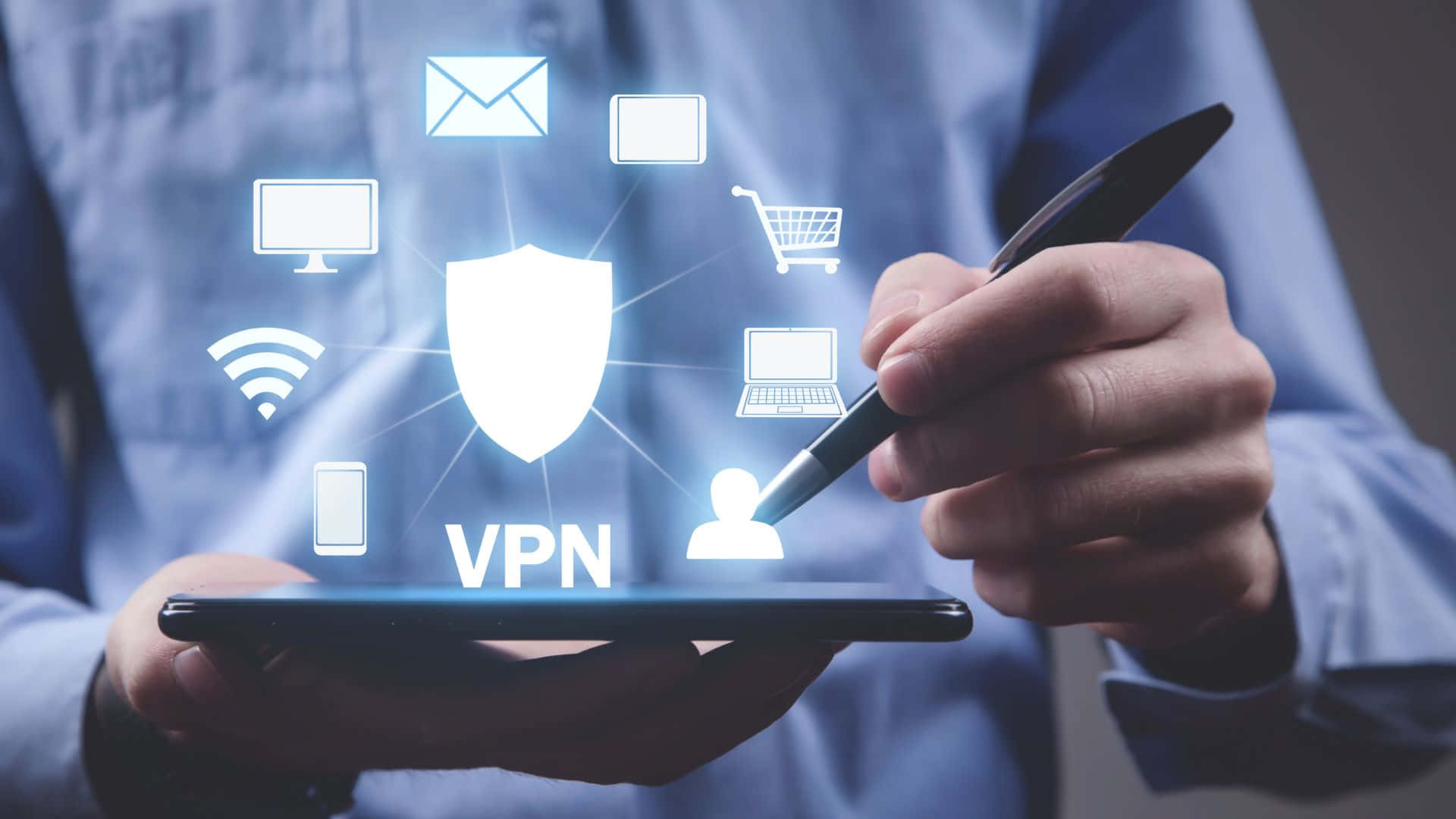 A Man Holding A Phone With A Vpn Icon On It Wallpaper