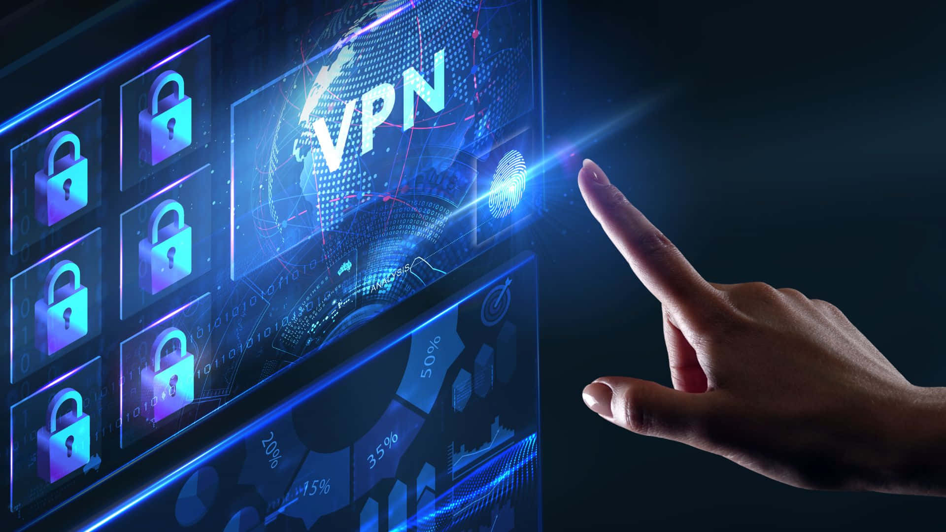 A Hand Is Pointing At A Vpn Icon On A Computer Screen Wallpaper