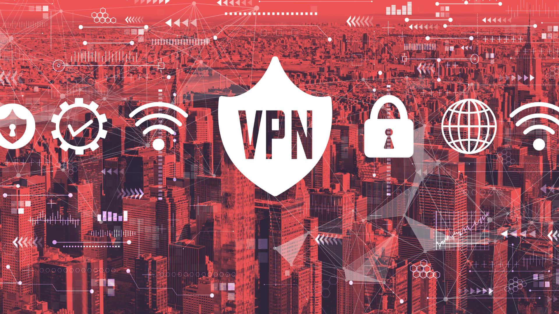 En bylandskab med en VPN-skjold og andre ikoner Wallpaper