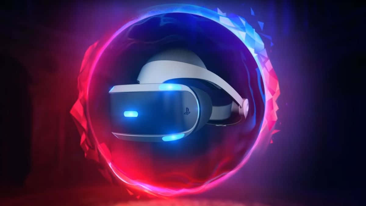 Et blåt og rødt VR-headset med et glimtende lys
