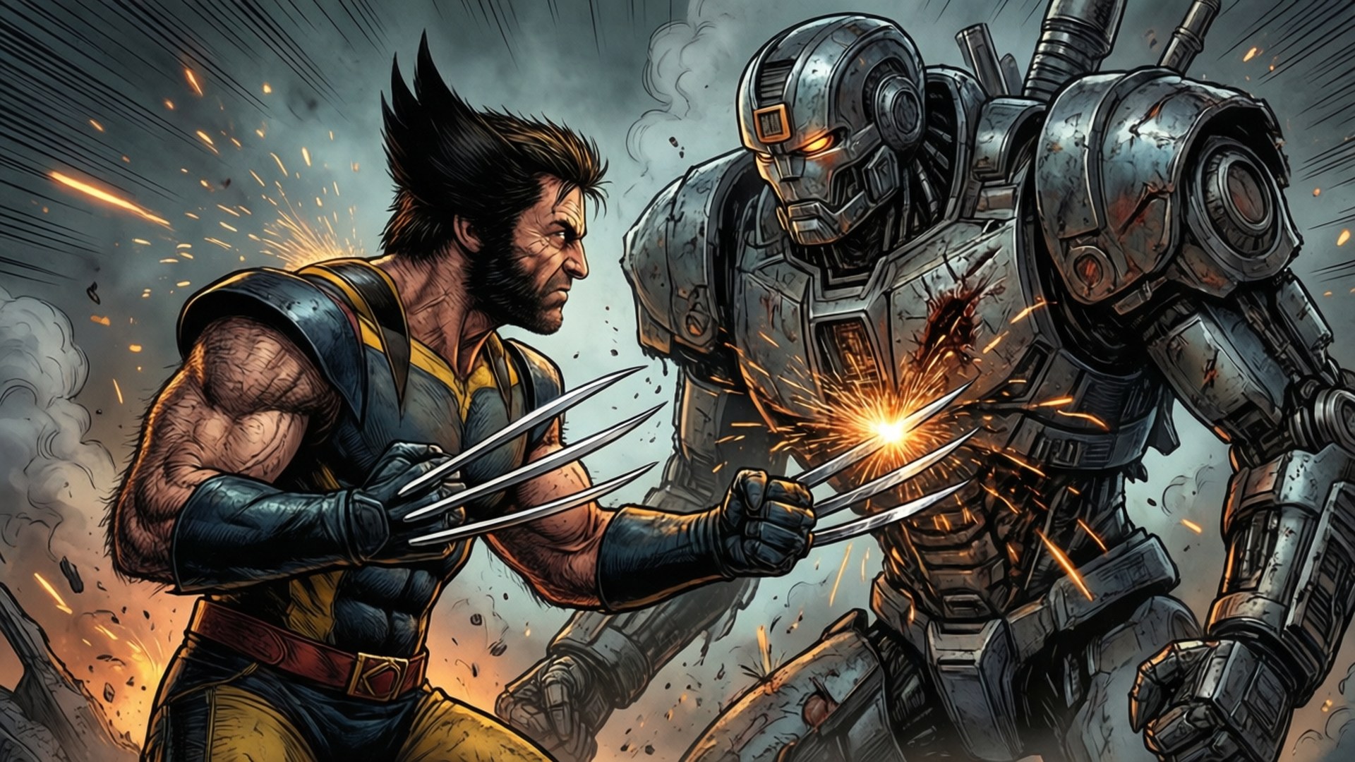 Wolverine kjemper mot en robotfiende med gnistrende klør i en barsk kampscene.