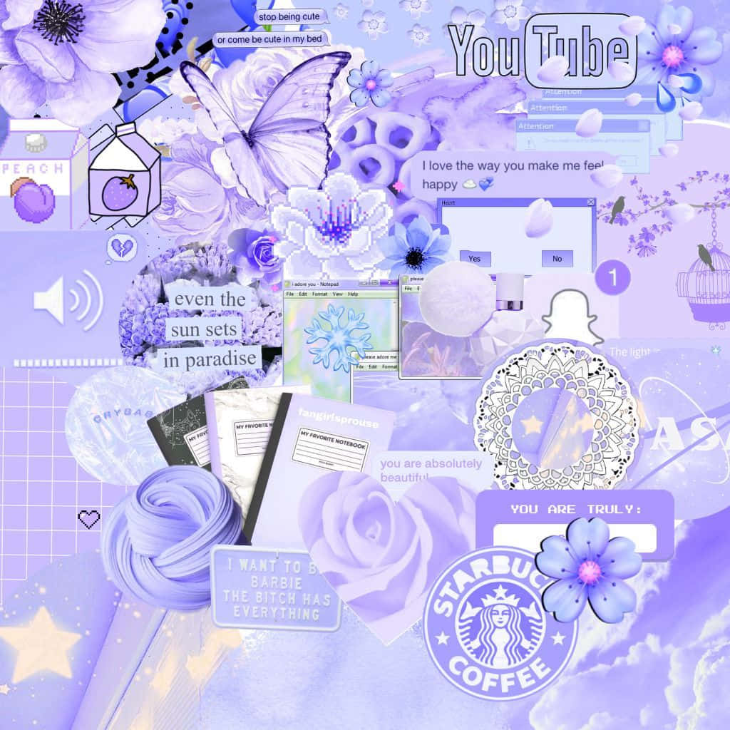 Et lilla og blåt scrapbook-side med blomster og sommerfugle Wallpaper