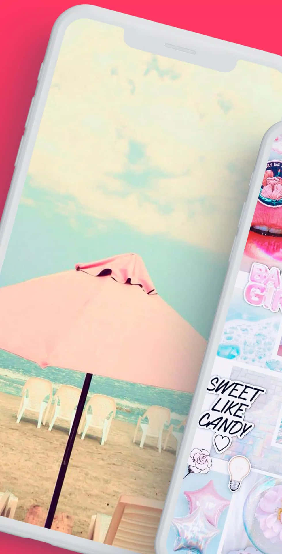 Einrosa Telefon Mit Einem Rosa Regenschirm Und Einem Pinken Regenschirm. Wallpaper