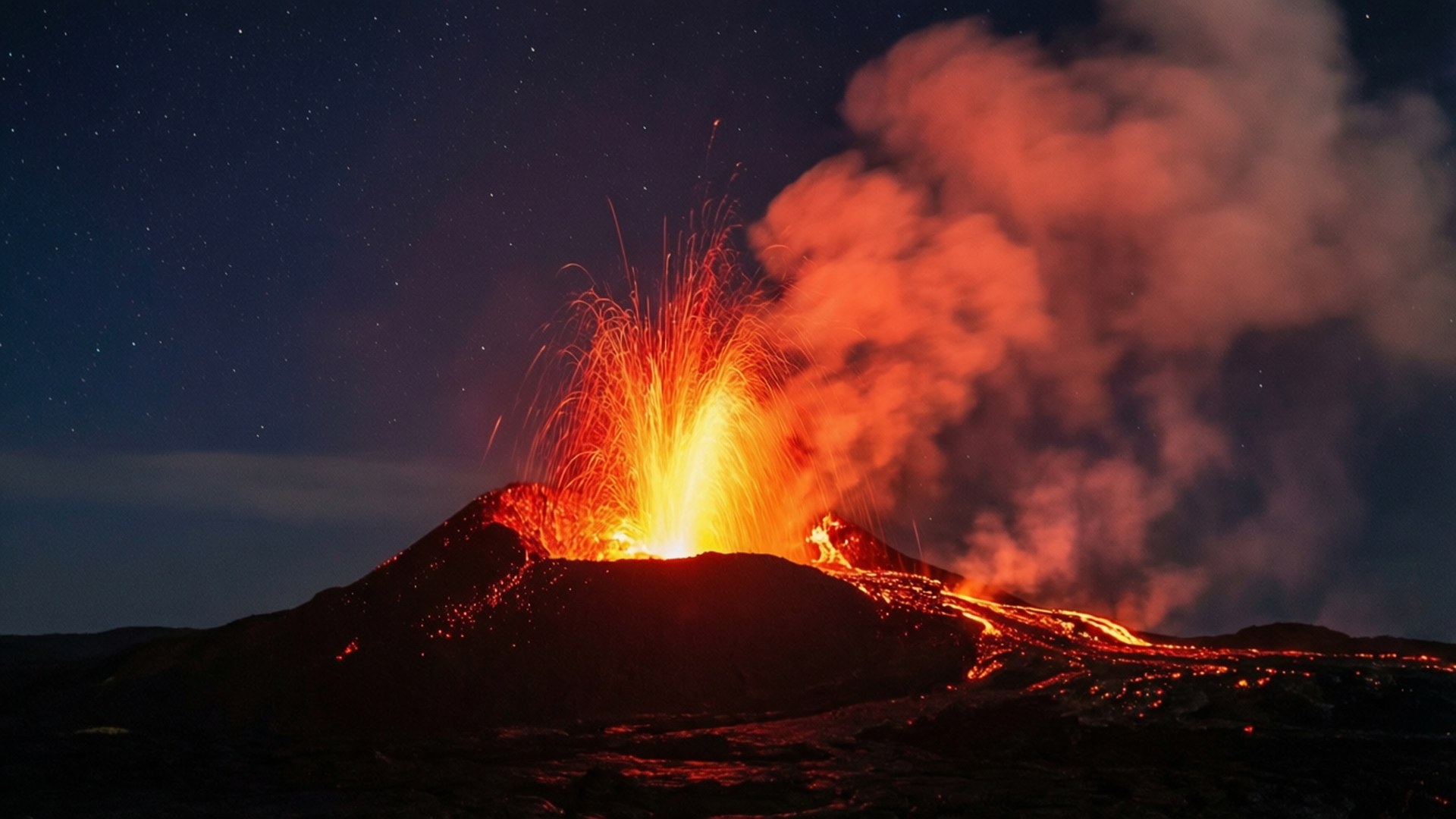 Volcanic Eruption Panorama Wallpaper — A volcanic eruption at night with fiery lava bursts and glowing streams against a starry sky.