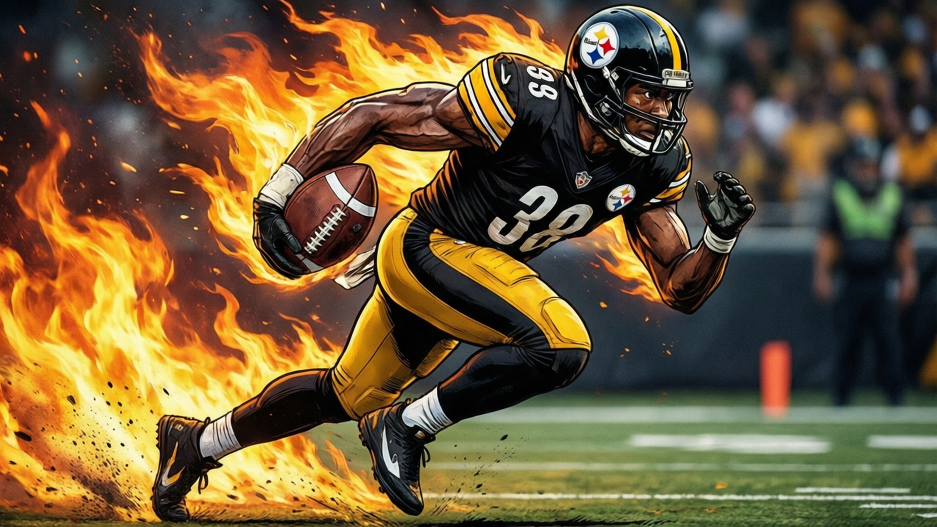 Fire Trail Run Wallpaper — A Pittsburgh Steelers football player in black and gold uniform sprints with a flaming trail behind him holding the ball.