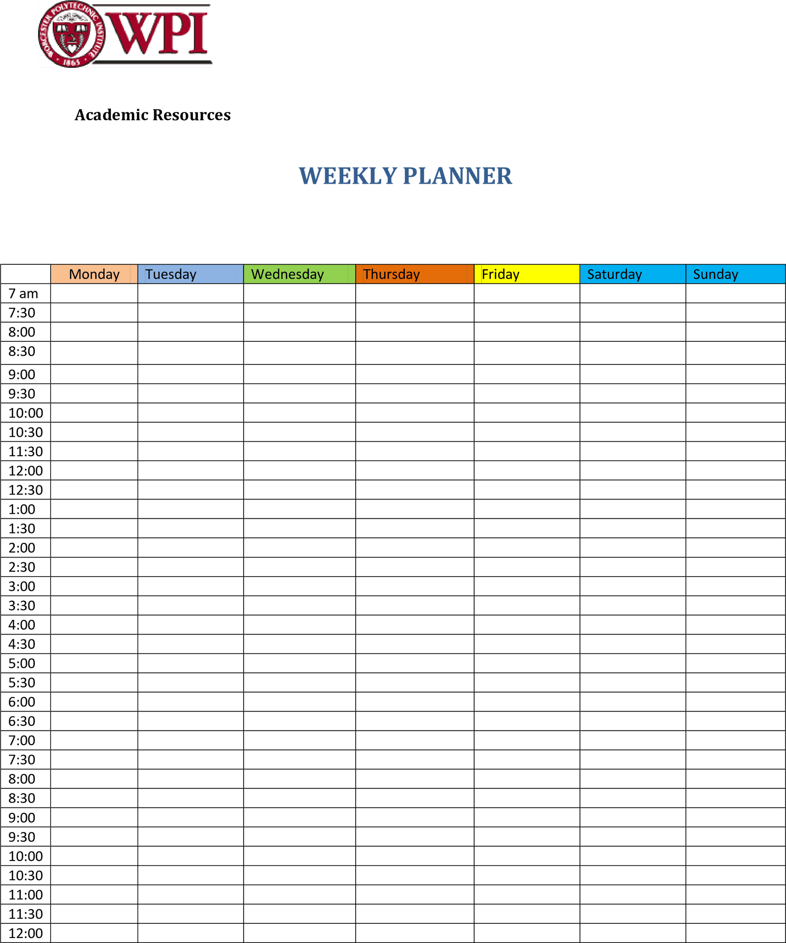 W P I Weekly Planner Template PNG