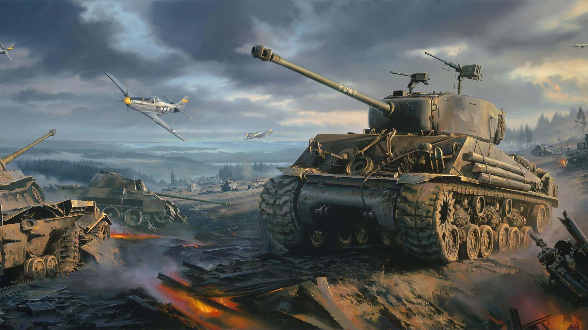 W W I I_ Tank_and_ Aircraft_ Battle_ Scene Wallpaper