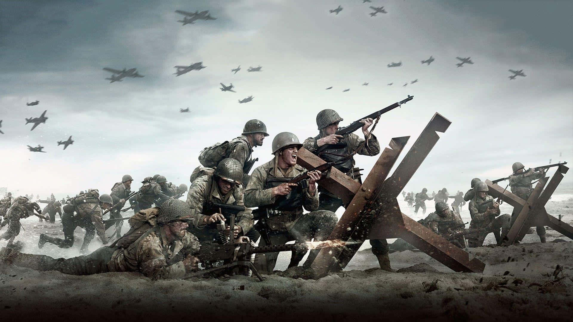 W W2_ Battle_ Scene_with_ Soldiers_and_ Aircraft.jpg Wallpaper