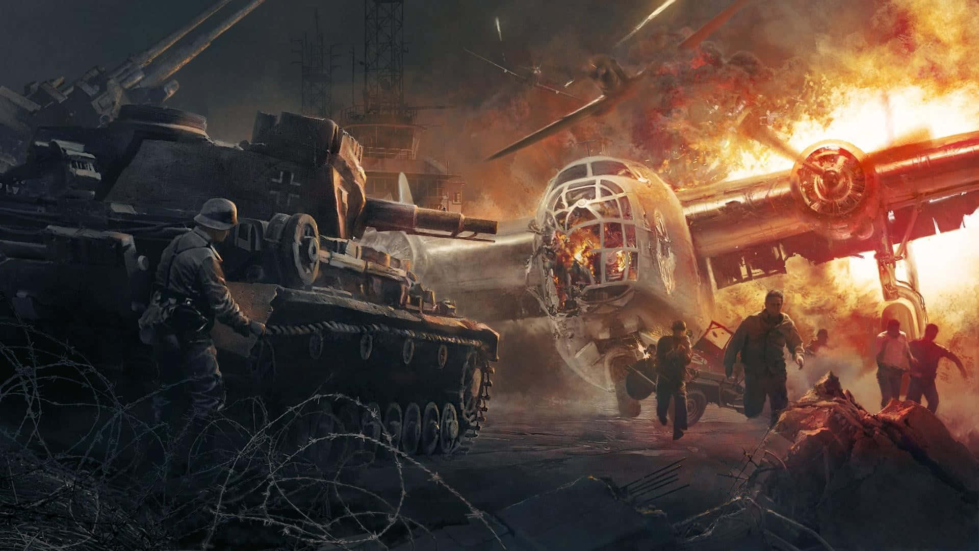 W W2_ Battle_ Scene_with_ Tank_and_ Aircraft Wallpaper