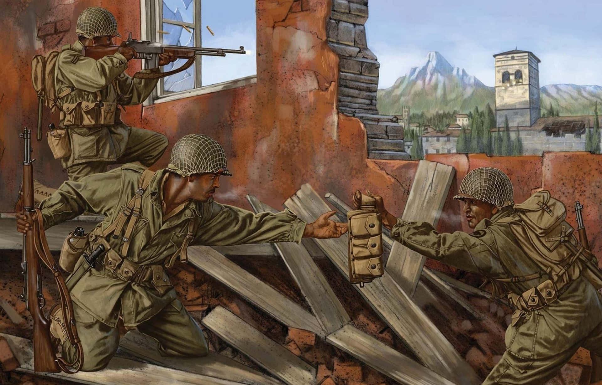 W W2_ Soldiers_ Advancing_ Through_ Rubble Wallpaper