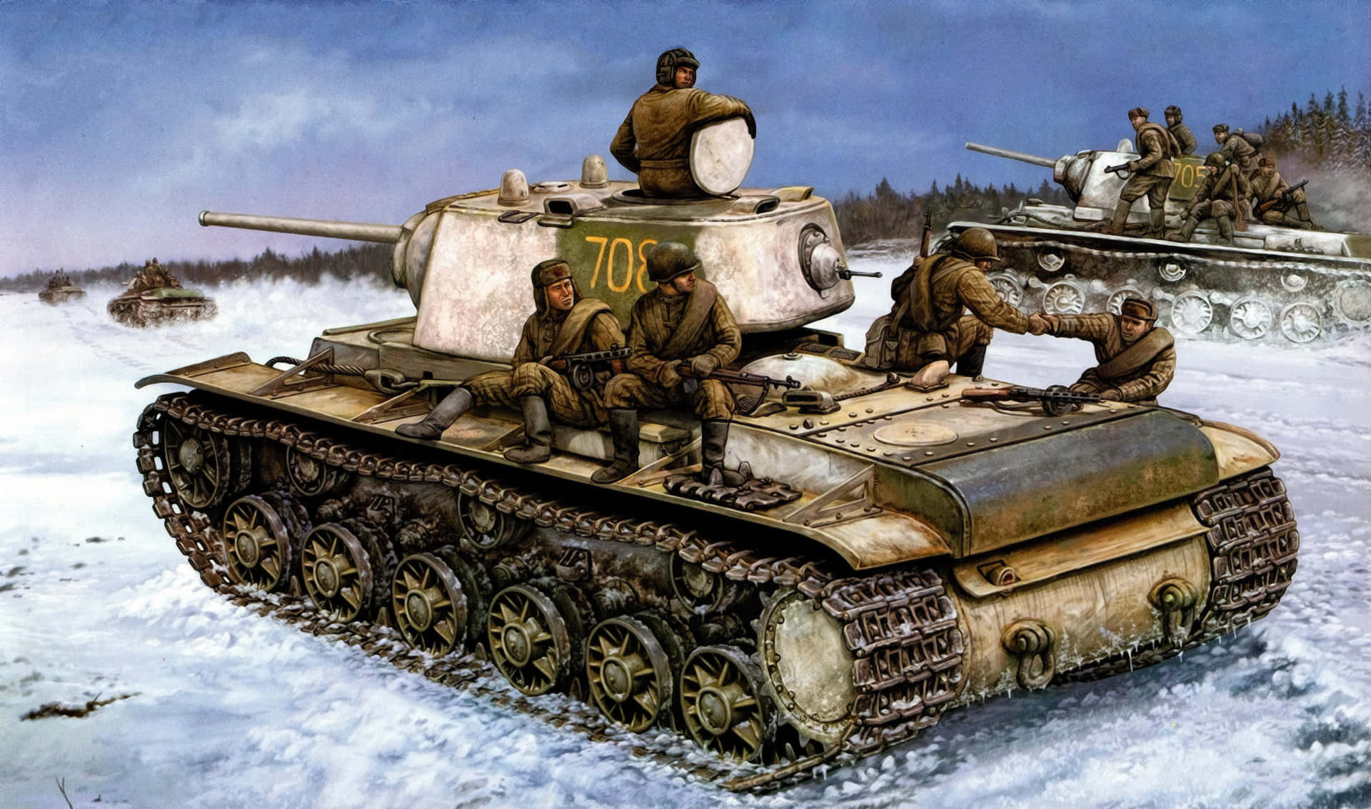 W W2 Soviet Tanksin Winter Battlefield Wallpaper