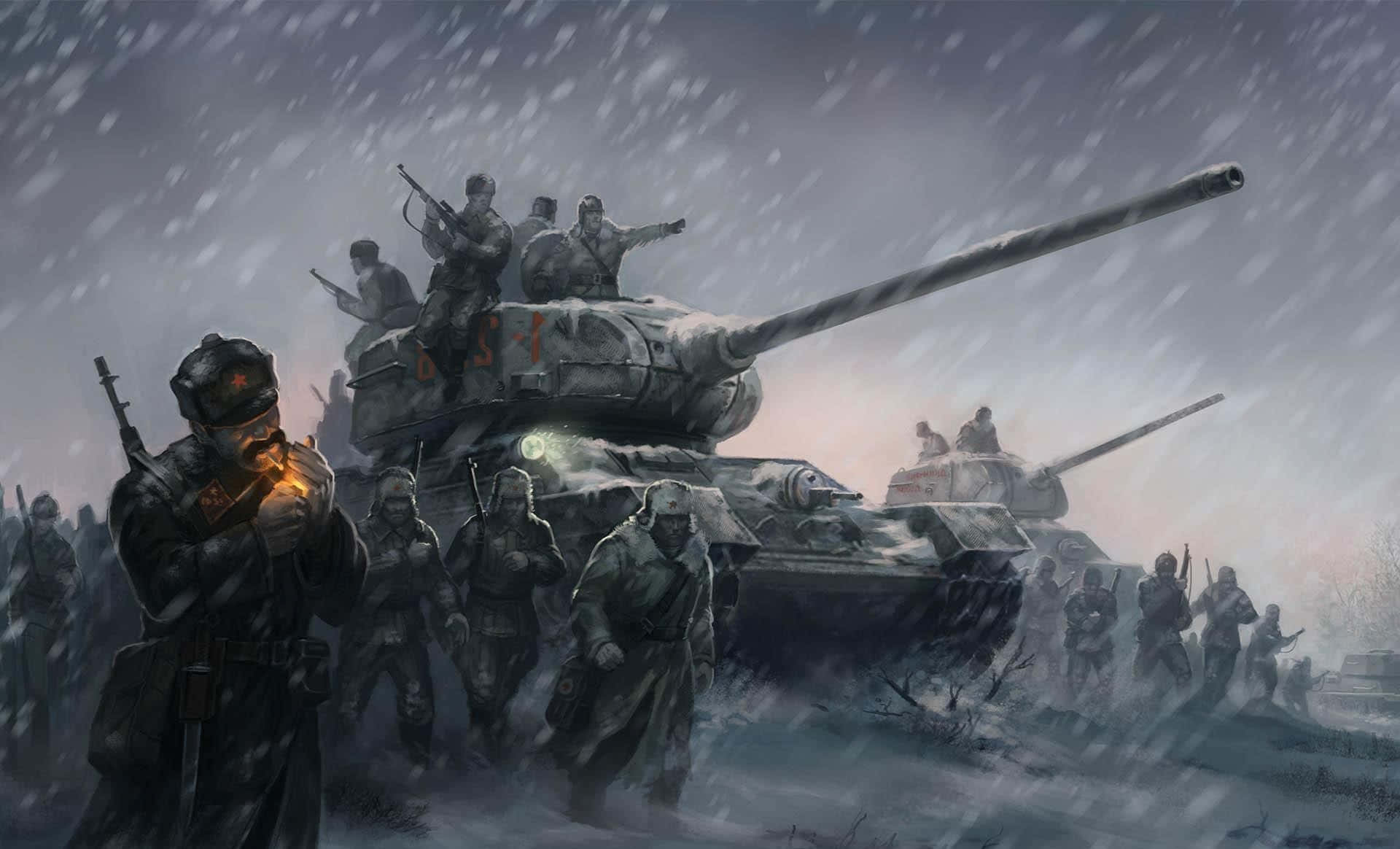 W W2 Tanksand Infantryin Snowstorm Wallpaper