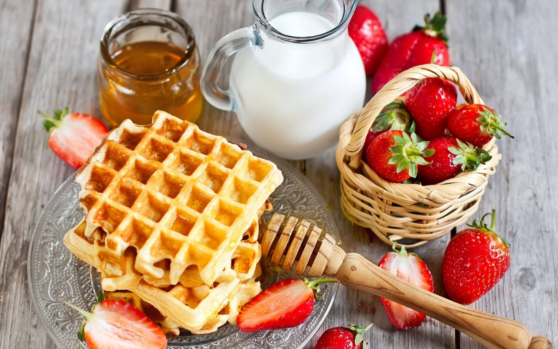 Waffles Strawberries Milk Honey Wallpaper