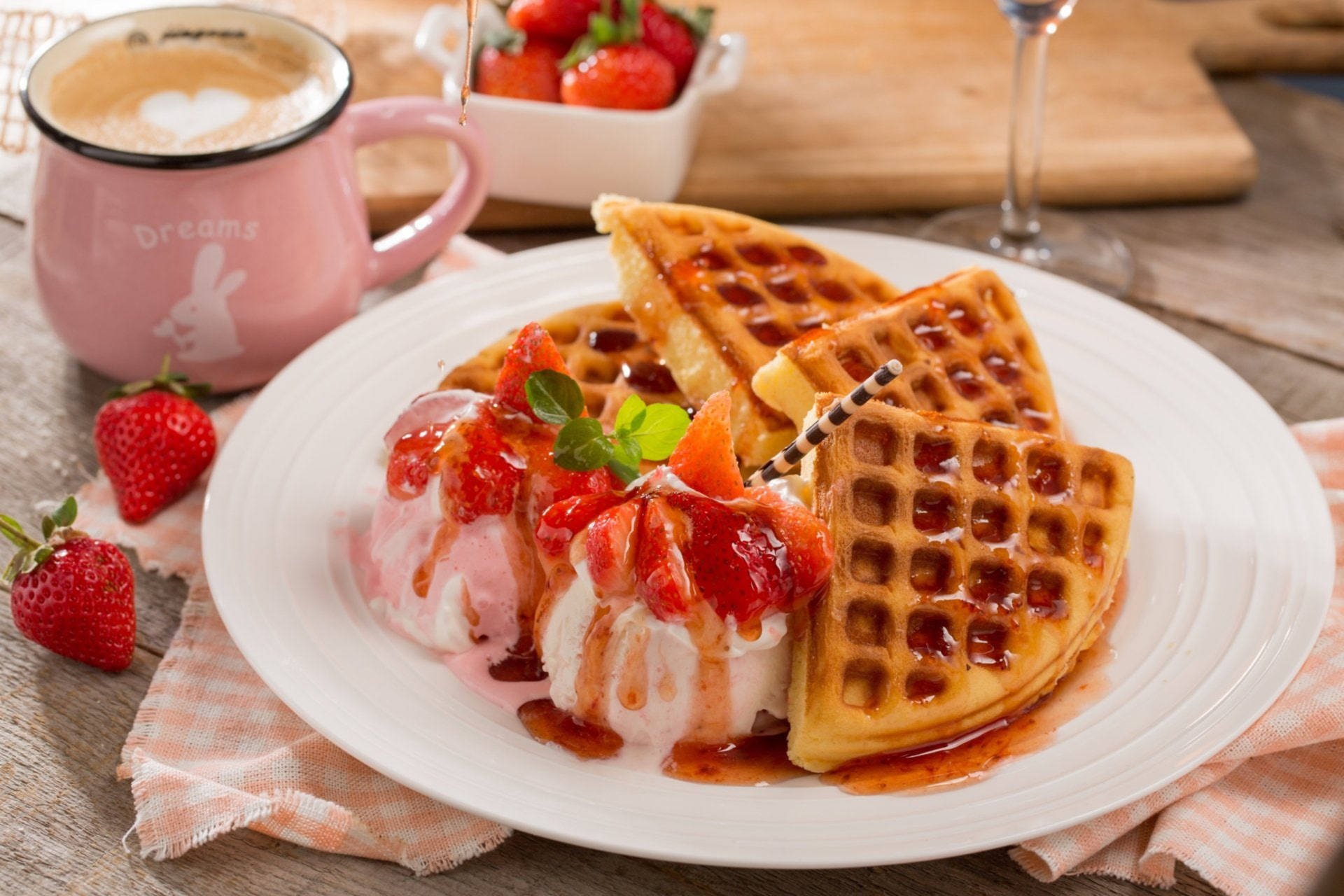 Waffles Strawberry Ice Cream Coffee Wallpaper