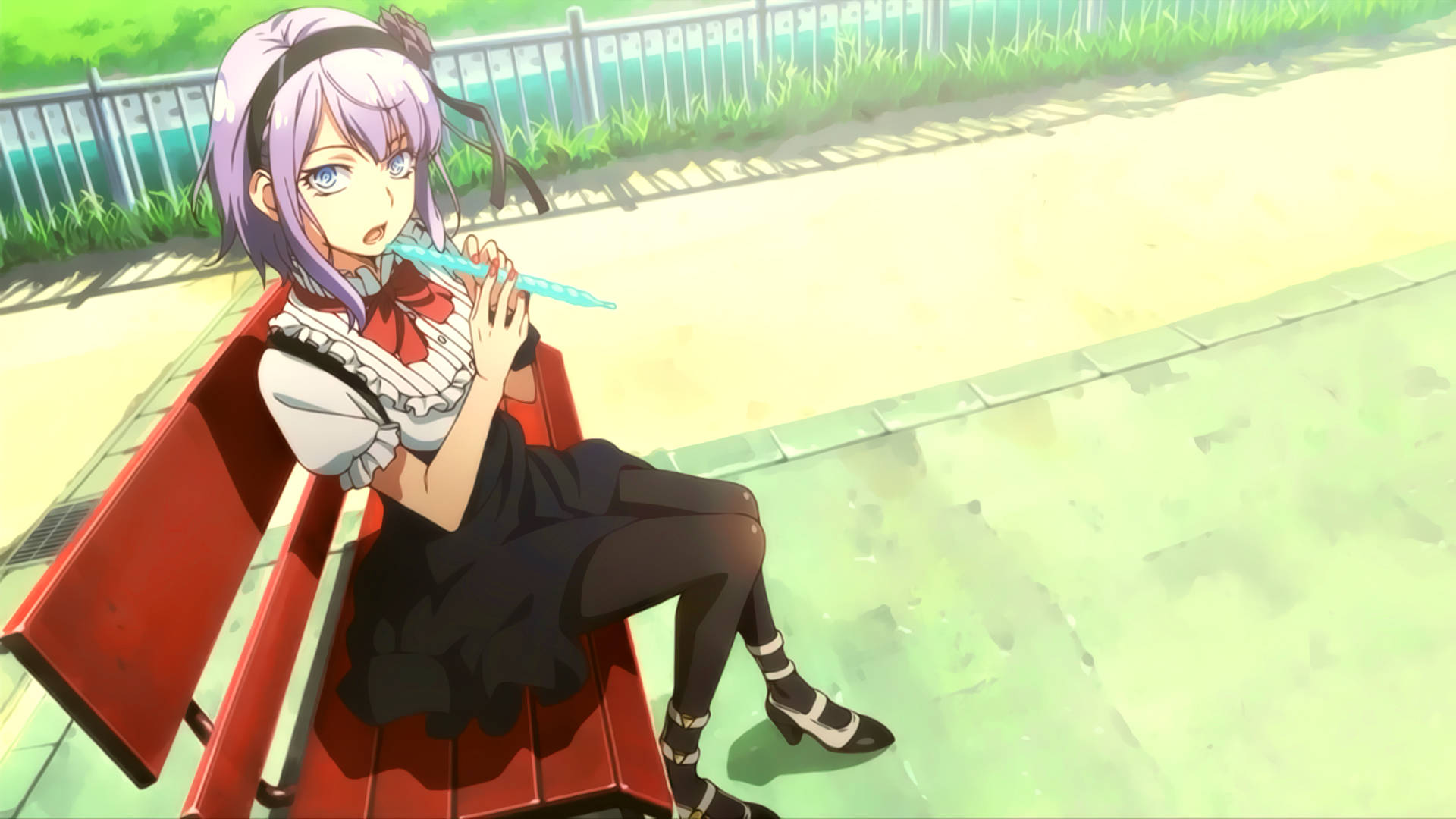 A Girl Sitting On A Bench With A Flute Wallpaper