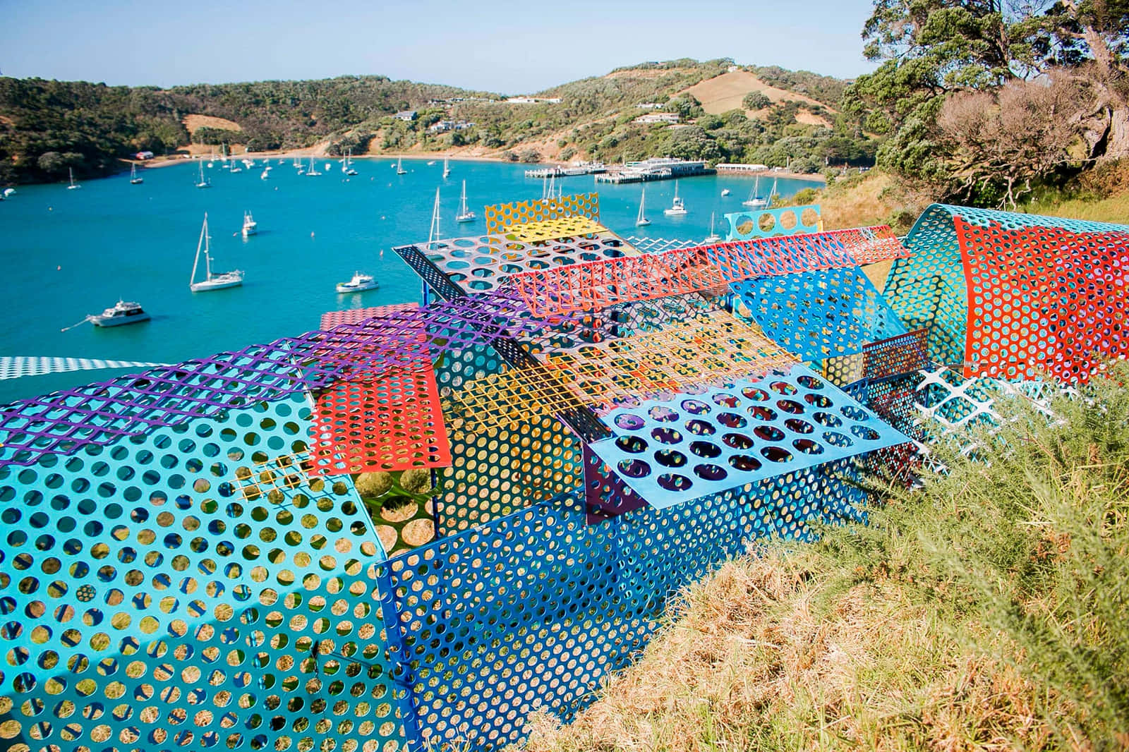 Waiheke Island Colorful Fence Overlooking Bay Wallpaper