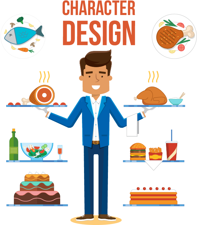 Waiter Character Designwith Food Items PNG