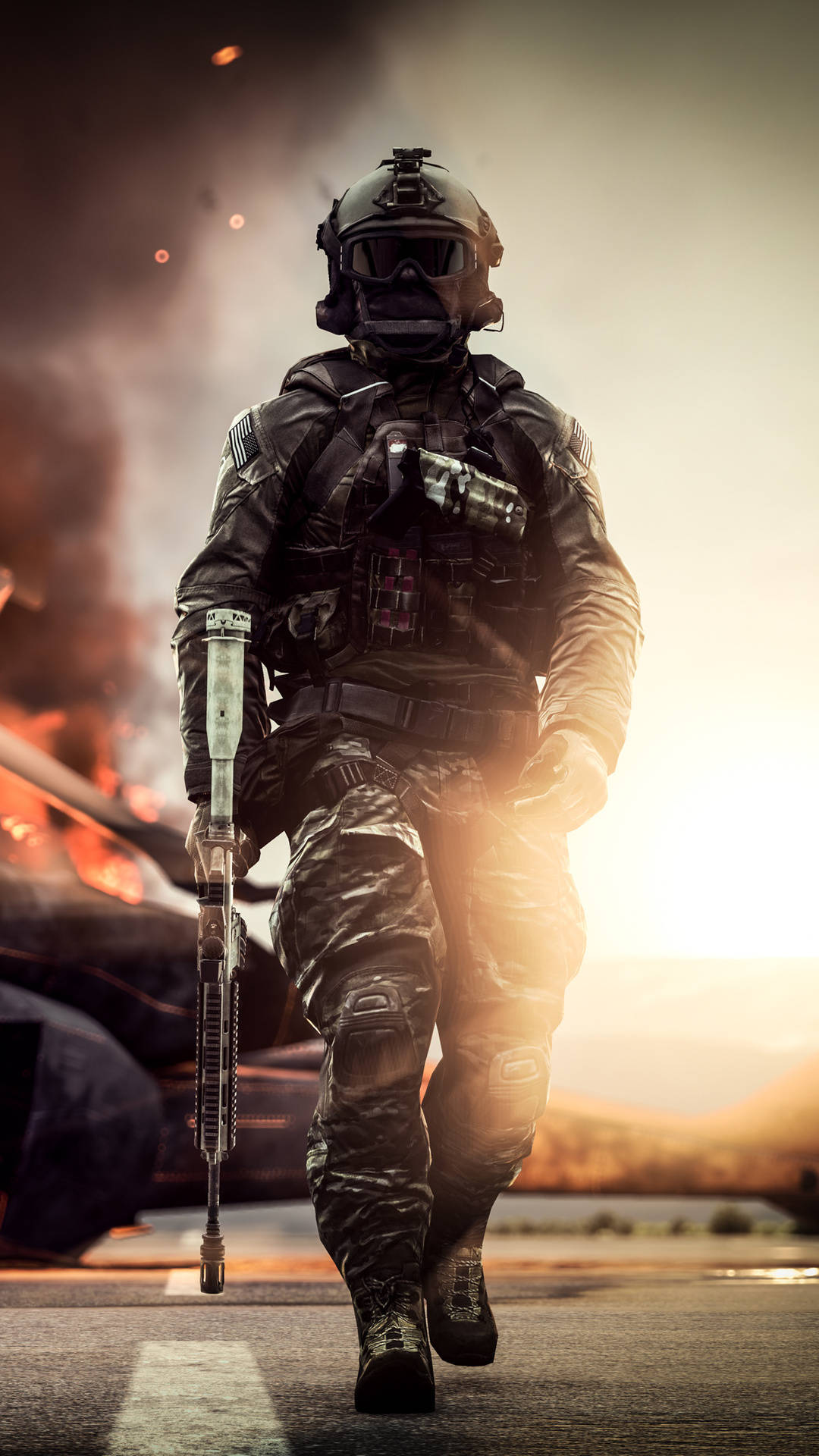 Soldatin Voller Ausrüstung, Der Durch Das Schlachtfeld Von Battlefield 4 Wandert Handy Wallpaper